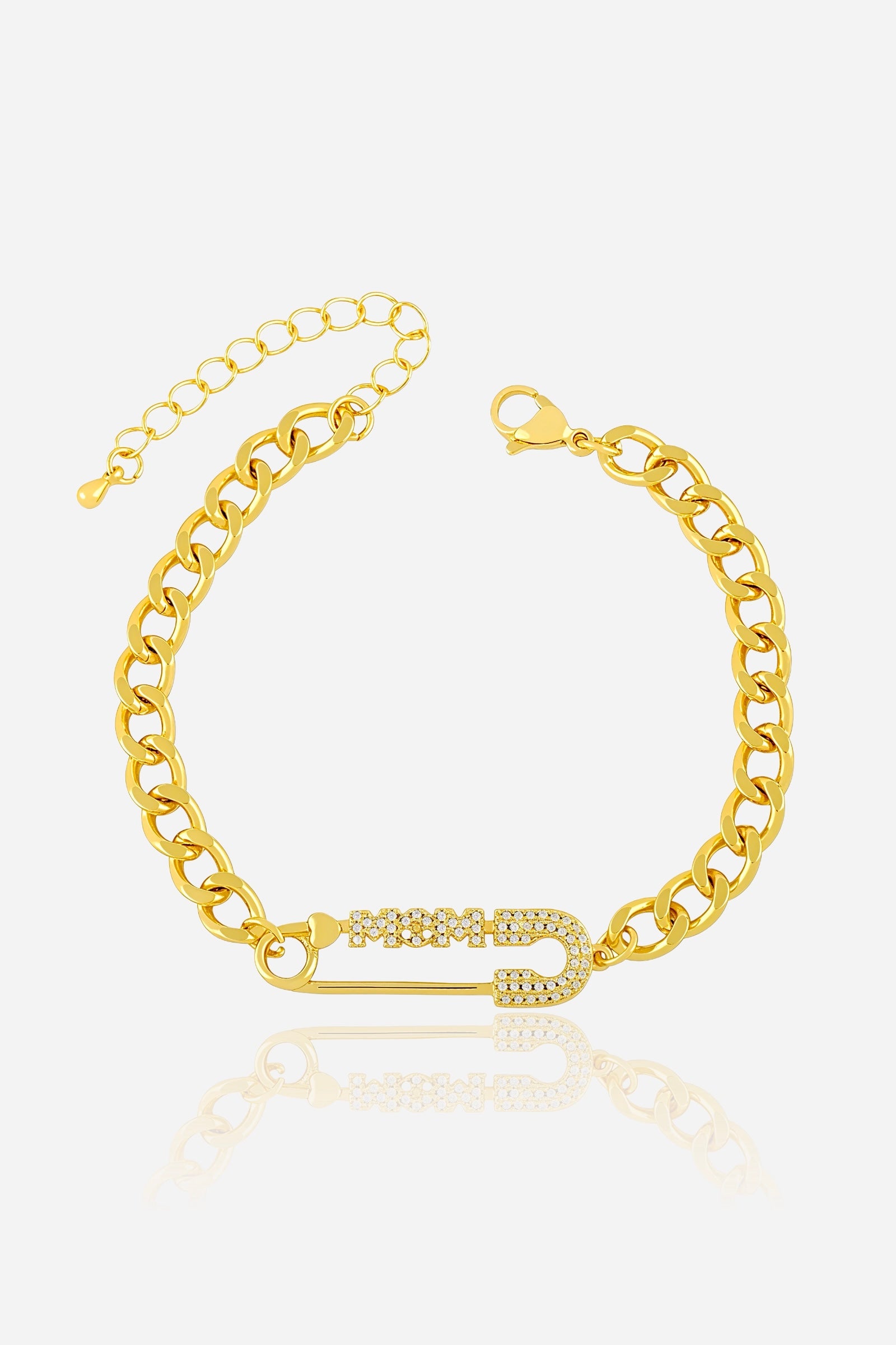 GLISTIA MOM charm Cuban link bracelet in PVD 18K gold plated copper shown from the front with pavé crystal lettering.