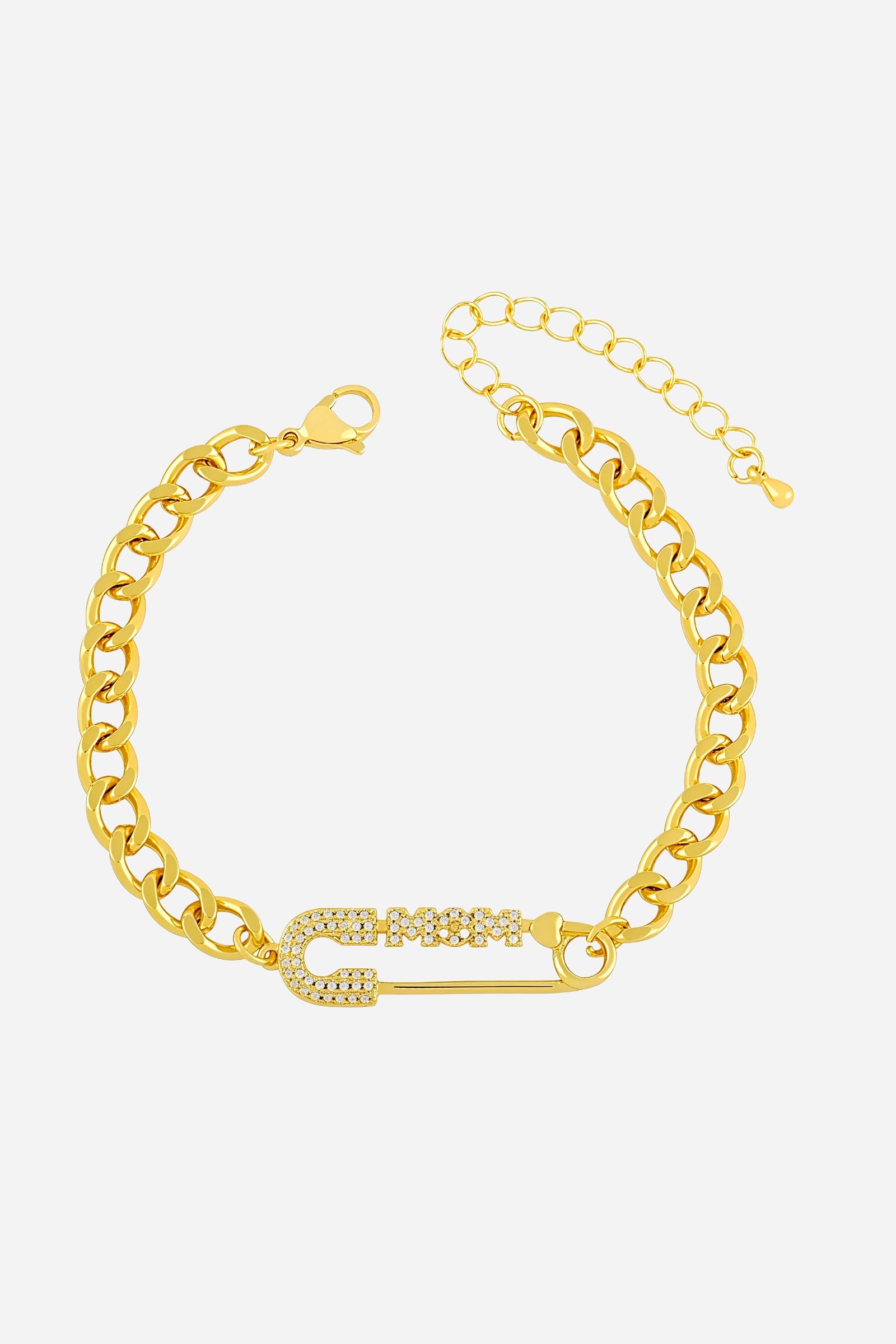 Side-angle view of the GLISTIA MOM charm bracelet highlighting the polished Cuban chain and crystal-encrusted charm detail.