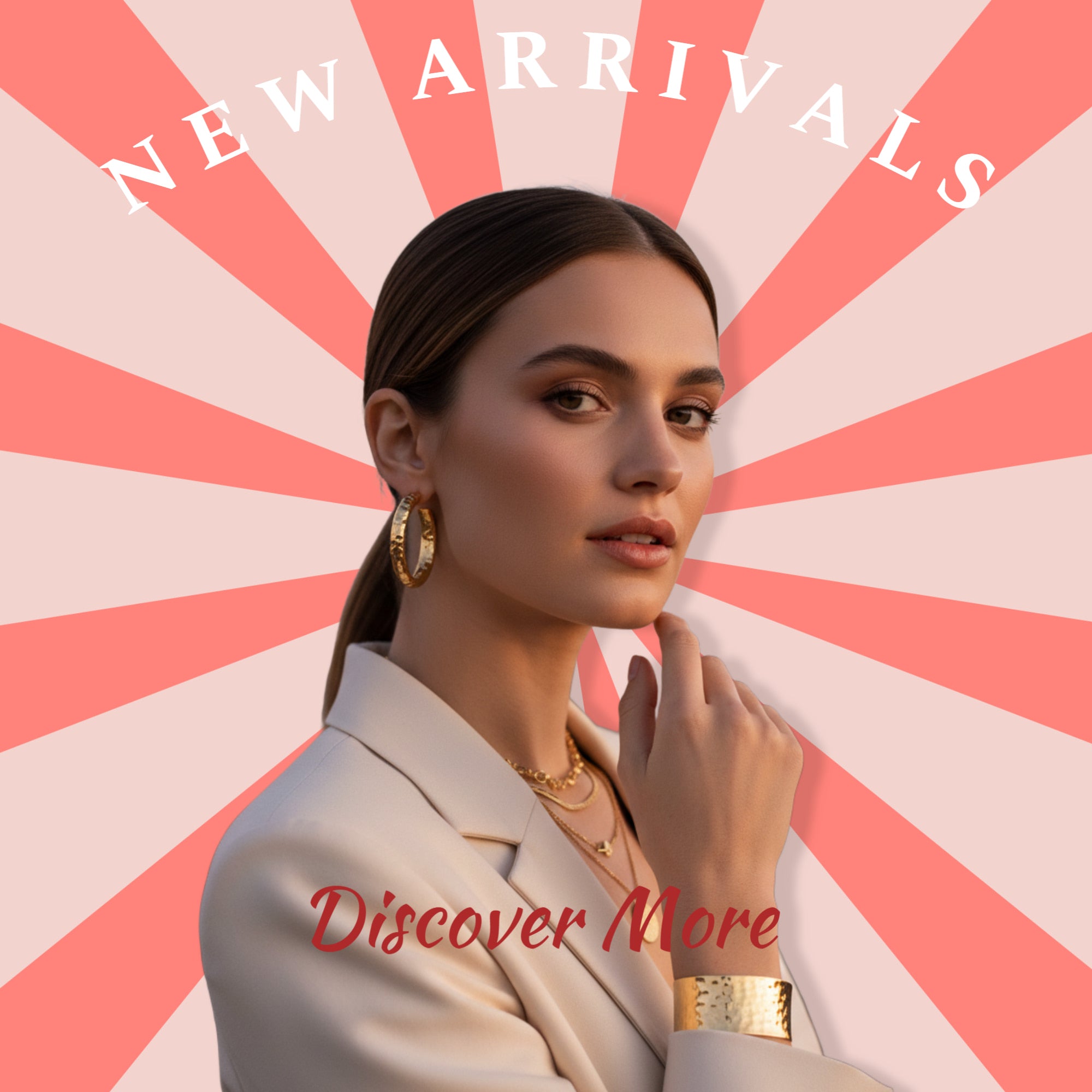 Model wearing GLISTIA 18K PVD gold-plated earrings and necklace against a pink sunburst background for the New Arrivals collection.