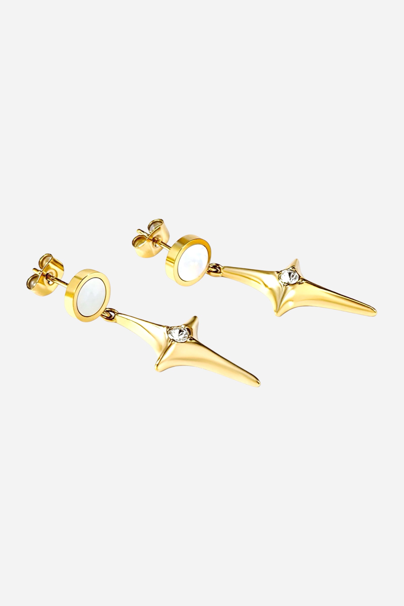 Side view of North Star drop earrings featuring lustrous PVD 18K gold plating, opal-inspired top and radiant crystal centre – GLISTIA.