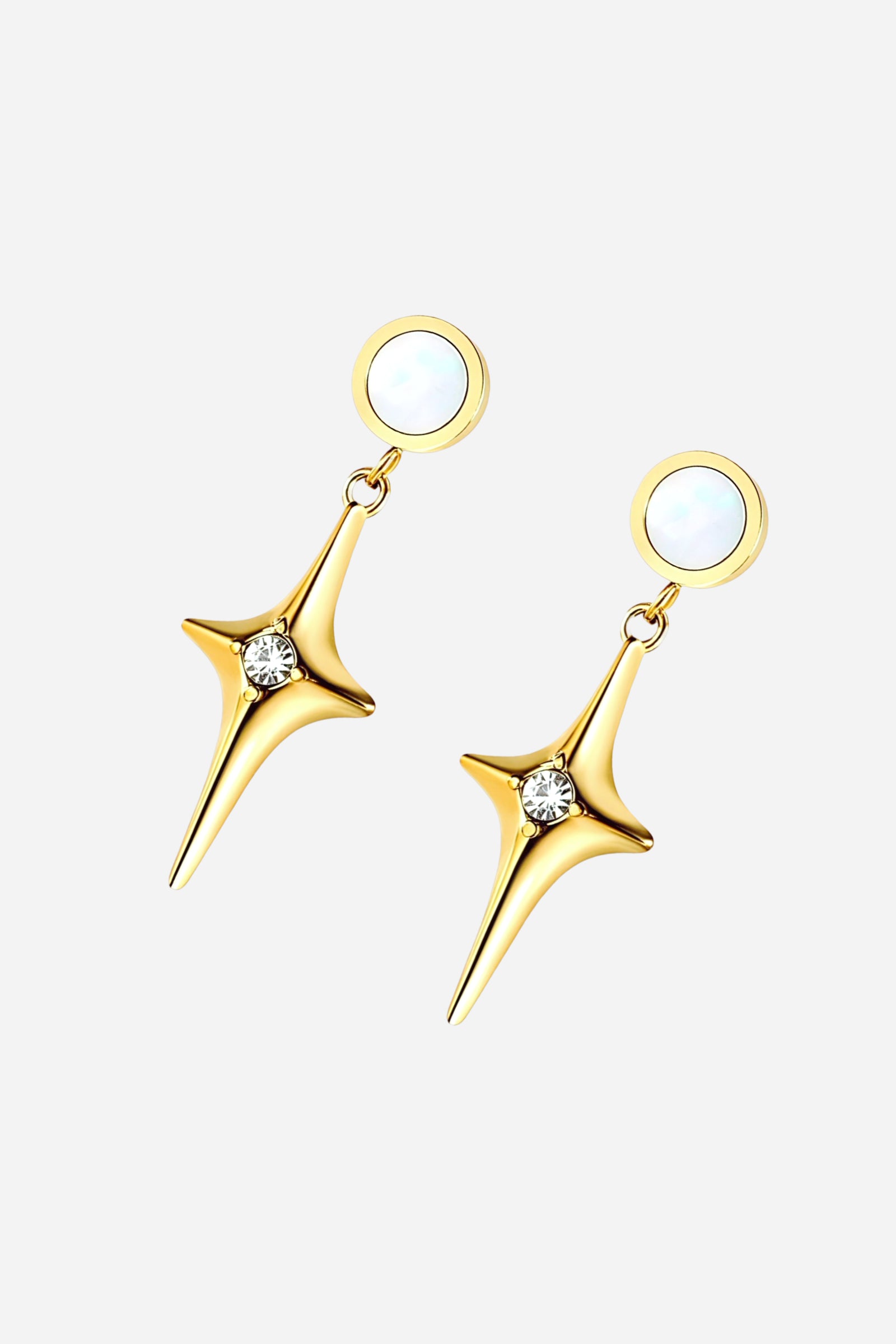 Angled view of North Star drop earrings crafted from stainless steel with a radiant PVD 18K gold-plated finish, featuring luminous crystal accents and celestial star design – GLISTIA.
