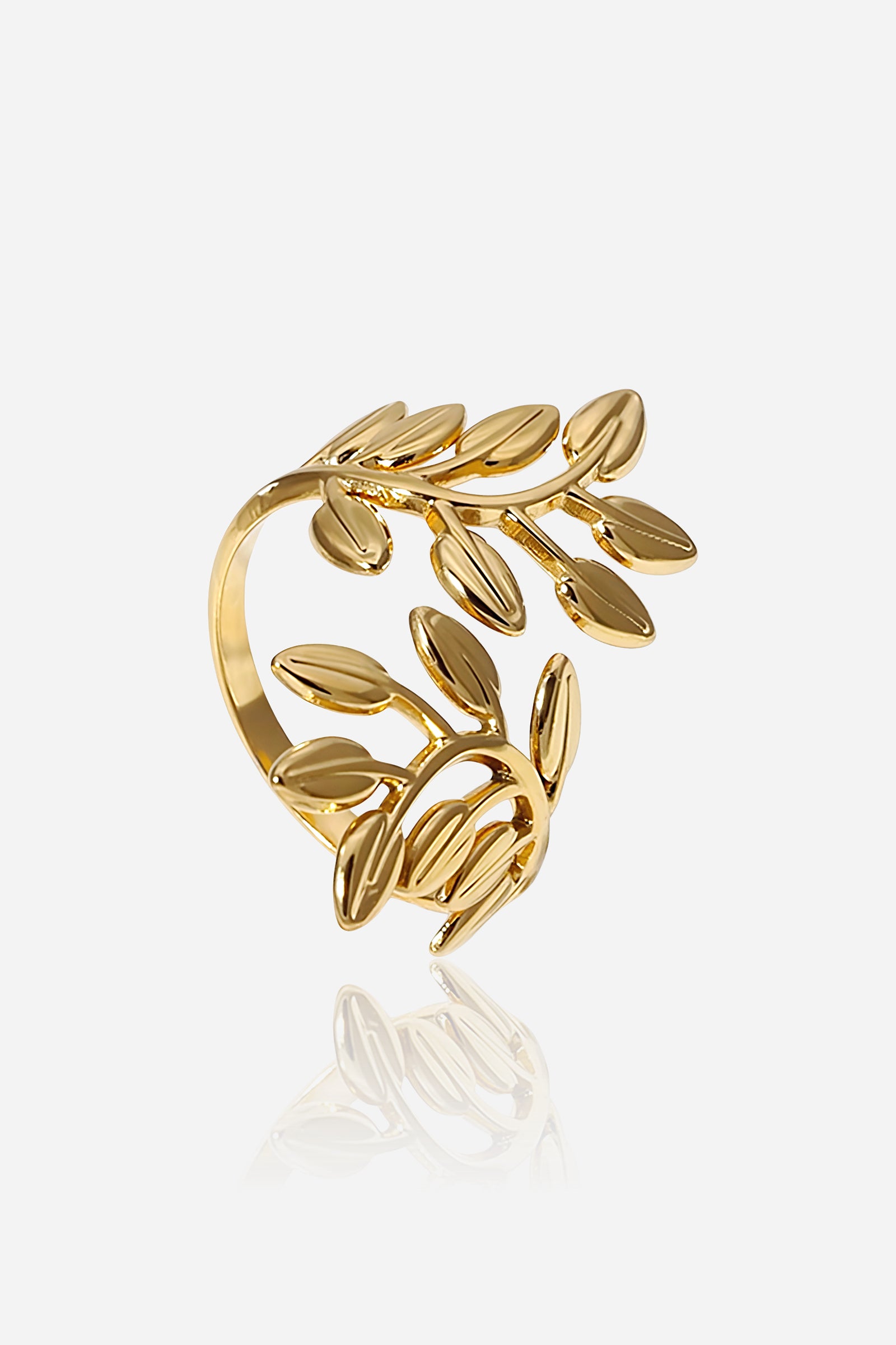 GLISTIA Olive Leaf Adjustable Ring front view in PVD 18K gold plated stainless steel with polished olive leaf design.