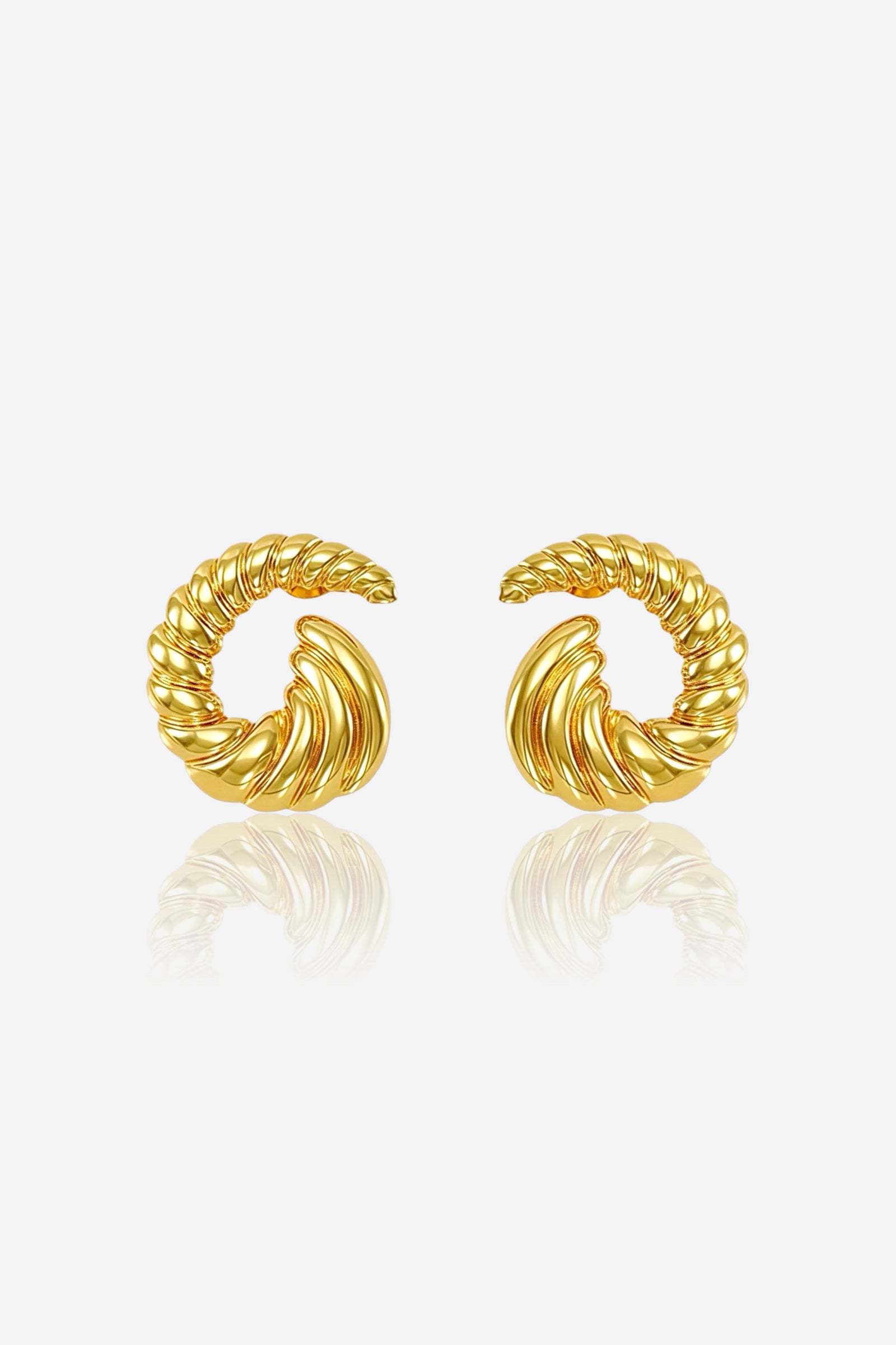 Open spiral swirl stud earrings crafted from stainless steel with a radiant PVD 18K gold plated finish, featuring an elegant open circular swirl design – GLISTIA.