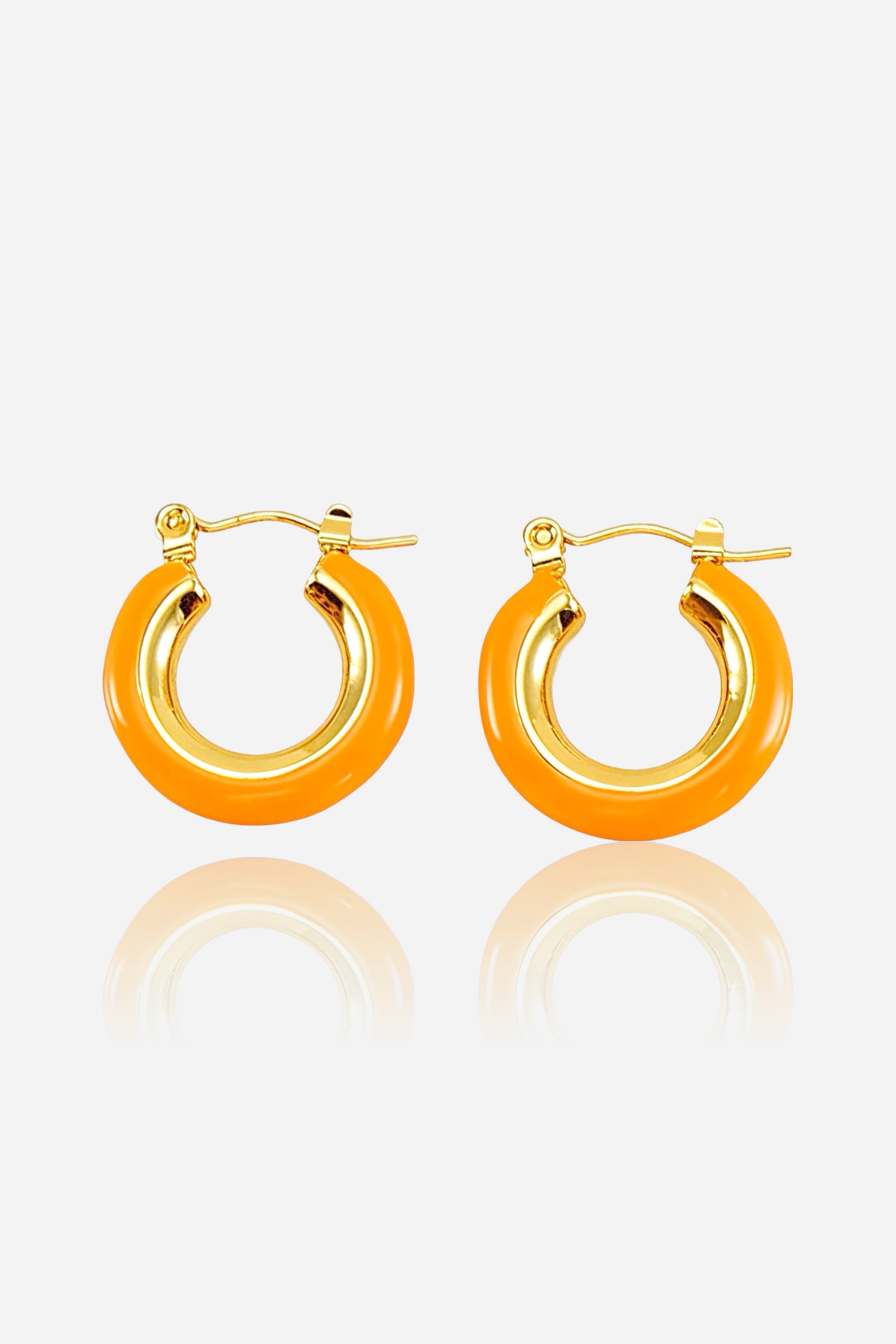 Front view of orange enamel hoop earrings crafted from stainless steel with a PVD 18K gold-plated finish, featuring a glossy enamel coating for a vibrant look – GLISTIA.