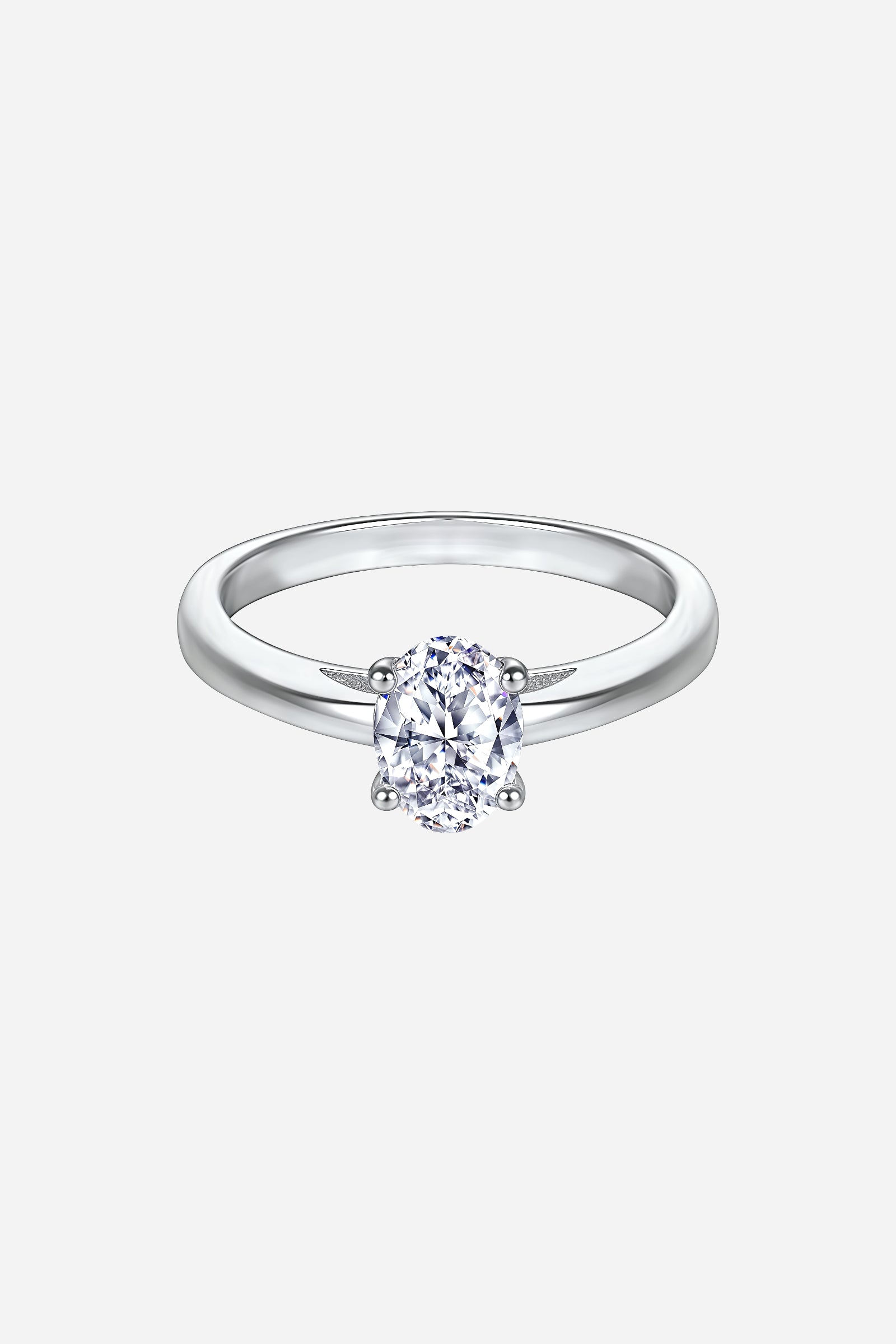Top-view of GLISTIA sterling silver oval solitaire ring featuring a high-gloss mirror finish and raised prong setting.