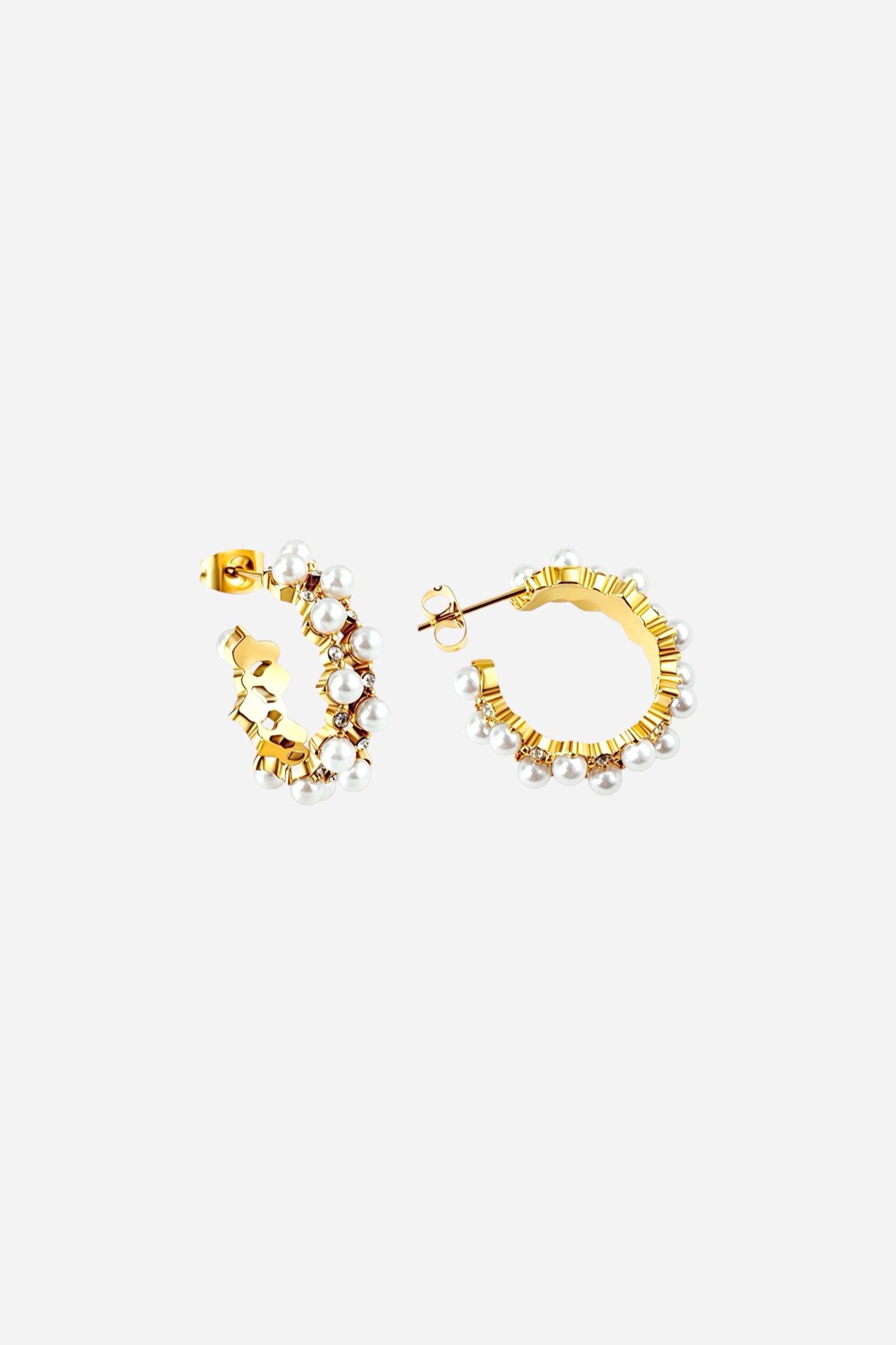 Side view of pearl and crystal hoop earrings in PVD 18K gold plated stainless steel with cubic zirconia accents – elegant modern design by GLISTIA