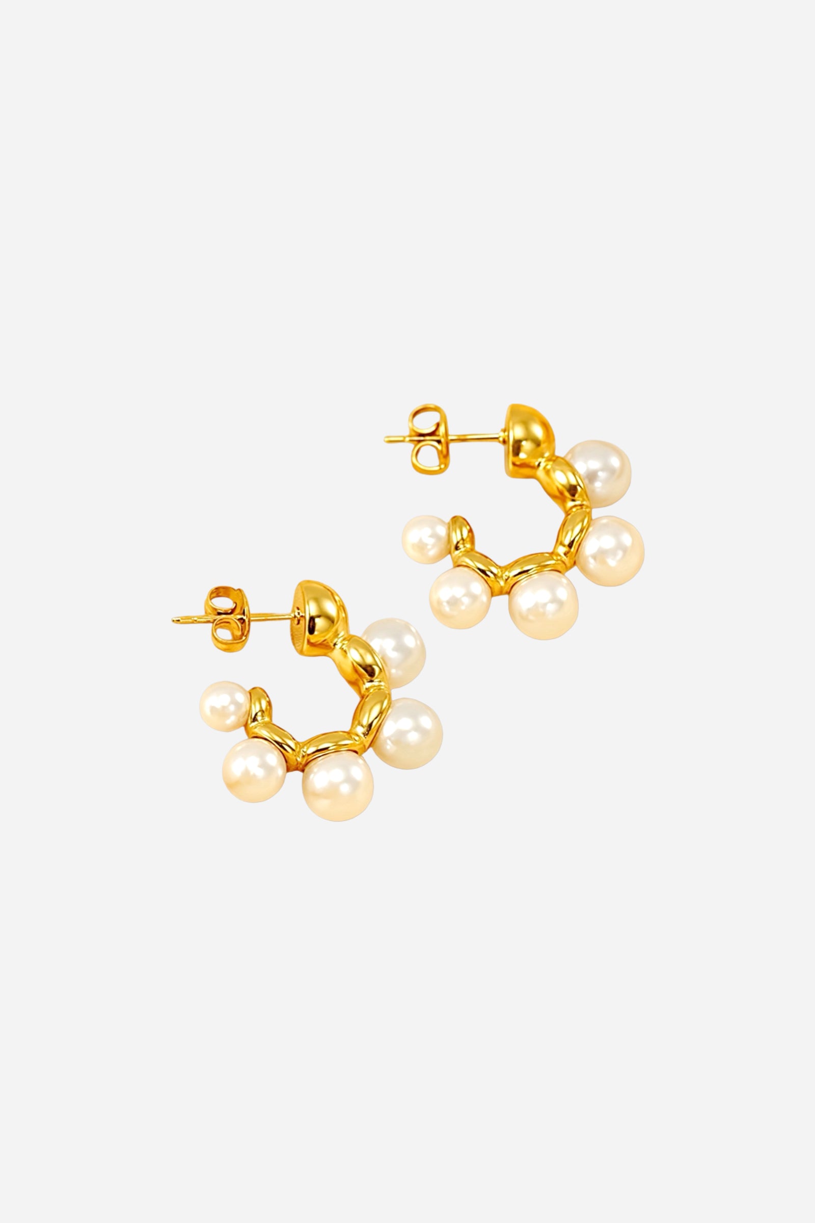 Side view of pearl cluster hoop earrings in 18K gold plated stainless steel with round pearl accents – GLISTIA jewellery