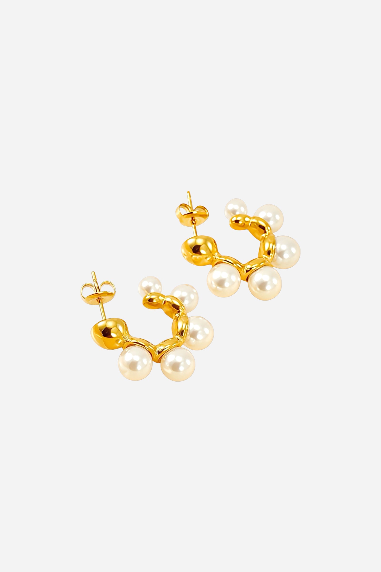 Top view of pearl cluster hoop earrings in 18K gold plated stainless steel featuring round pearl accents – GLISTIA jewellery