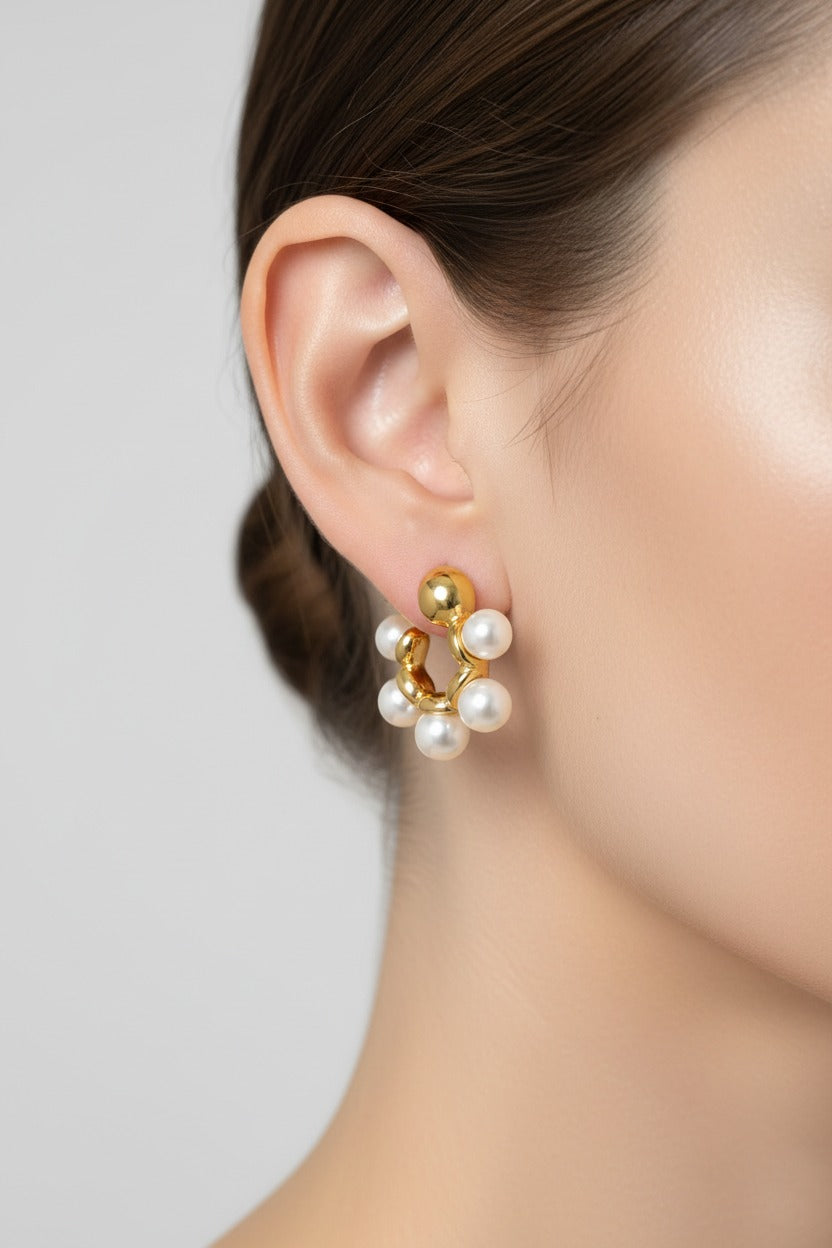 18K PVD gold plated pearl cluster hoop earrings with polished gold finish, side view on ear