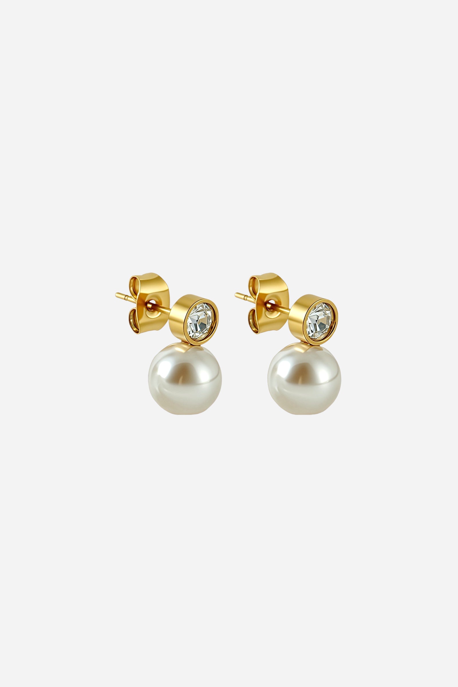 Front view of pearl drop earrings featuring luminous imitation pearls and sparkling rhinestone studs, crafted from stainless steel with a premium PVD 18K gold plated finish – GLISTIA.