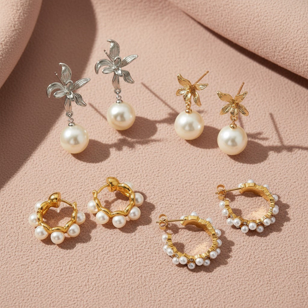 Pearl earrings in 18K PVD gold plated settings, combining timeless elegance with modern everyday styling.