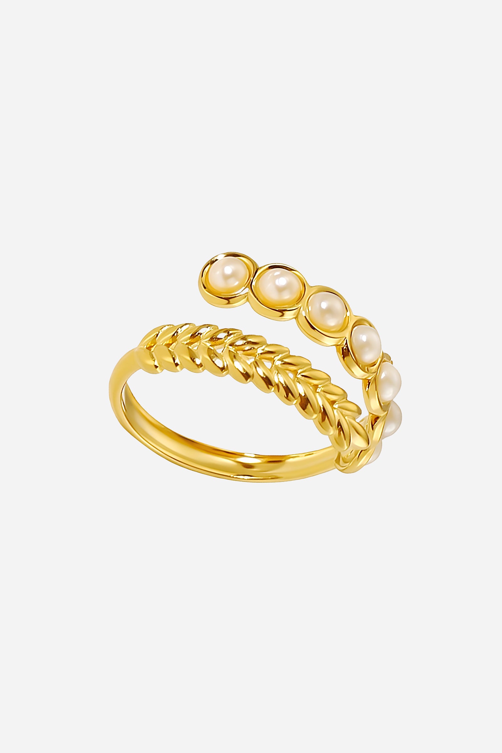 Top-view of GLISTIA open band ring featuring round pearl accents and a detailed leaf pattern.