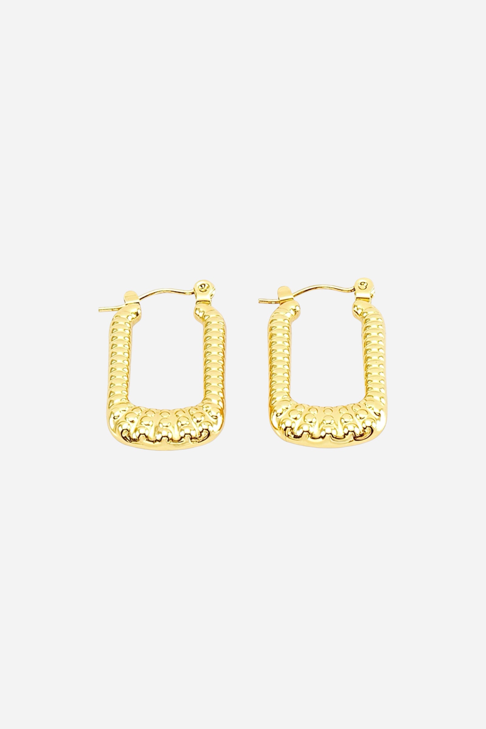 Rectangular textured hoop earrings crafted in stainless steel with a PVD 18K gold plated finish, modern geometric frame design – GLISTIA