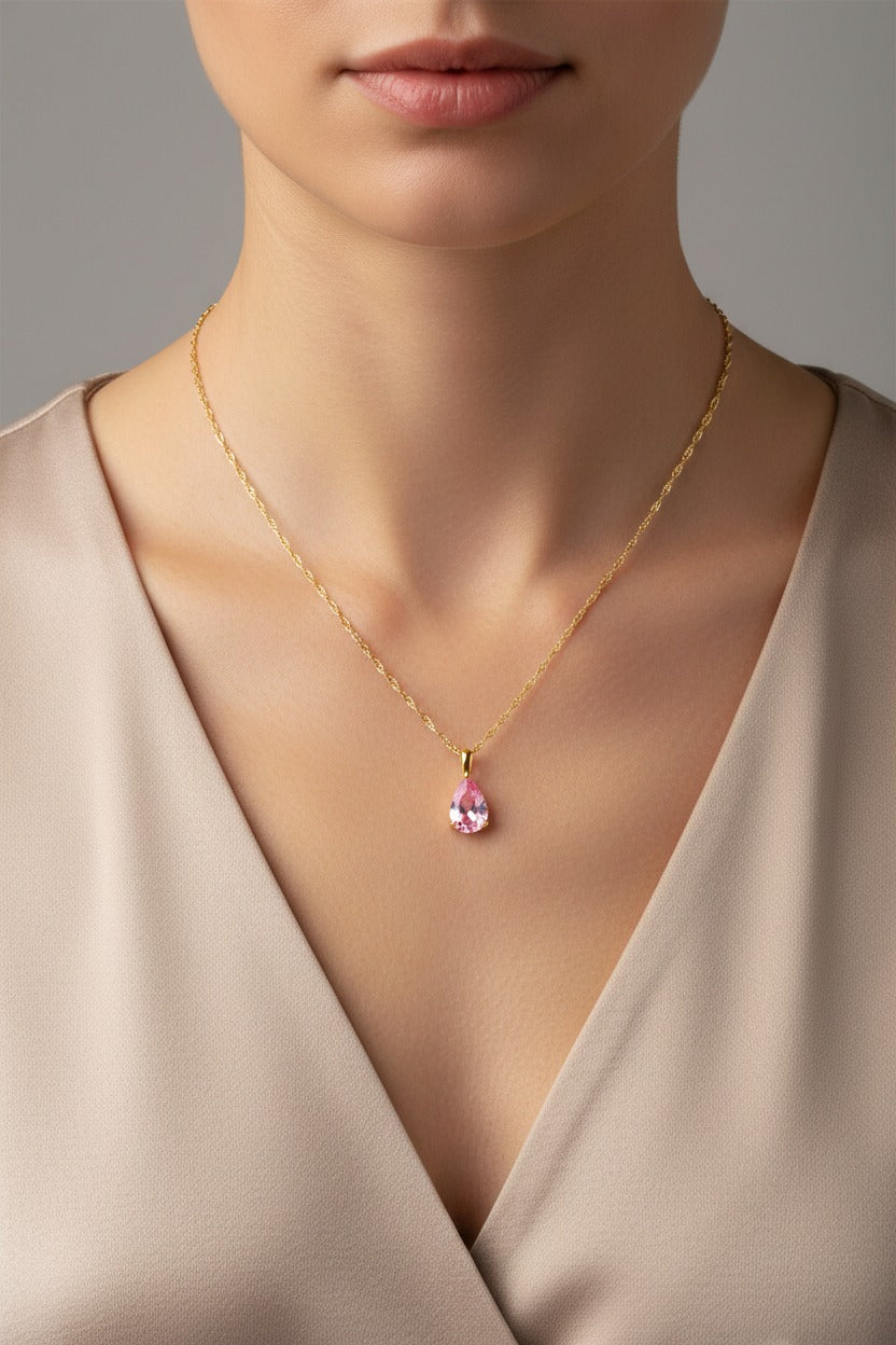 Rose birthstone necklace for October with pink zircon teardrop pendant in 18K PVD gold plated stainless steel