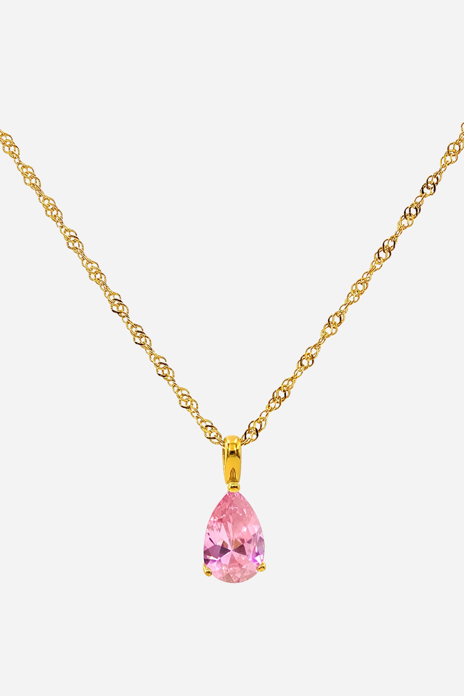 Rose Birthstone Necklace for October featuring a pear-cut rose pink zircon on a PVD 18K gold-plated stainless-steel chain – front view.