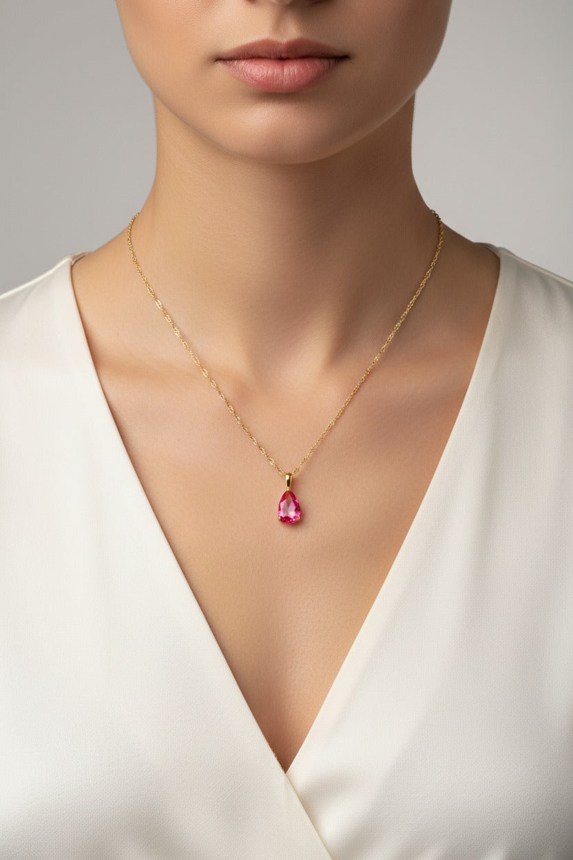 Ruby birthstone necklace for July with red zircon teardrop pendant in 18K PVD gold plated stainless steel