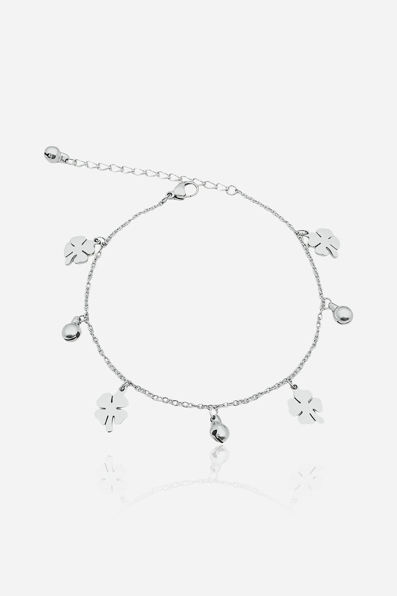 GLISTIA silver four-leaf clover charm bracelet in polished stainless steel shown from the front with clover and bead charms.
