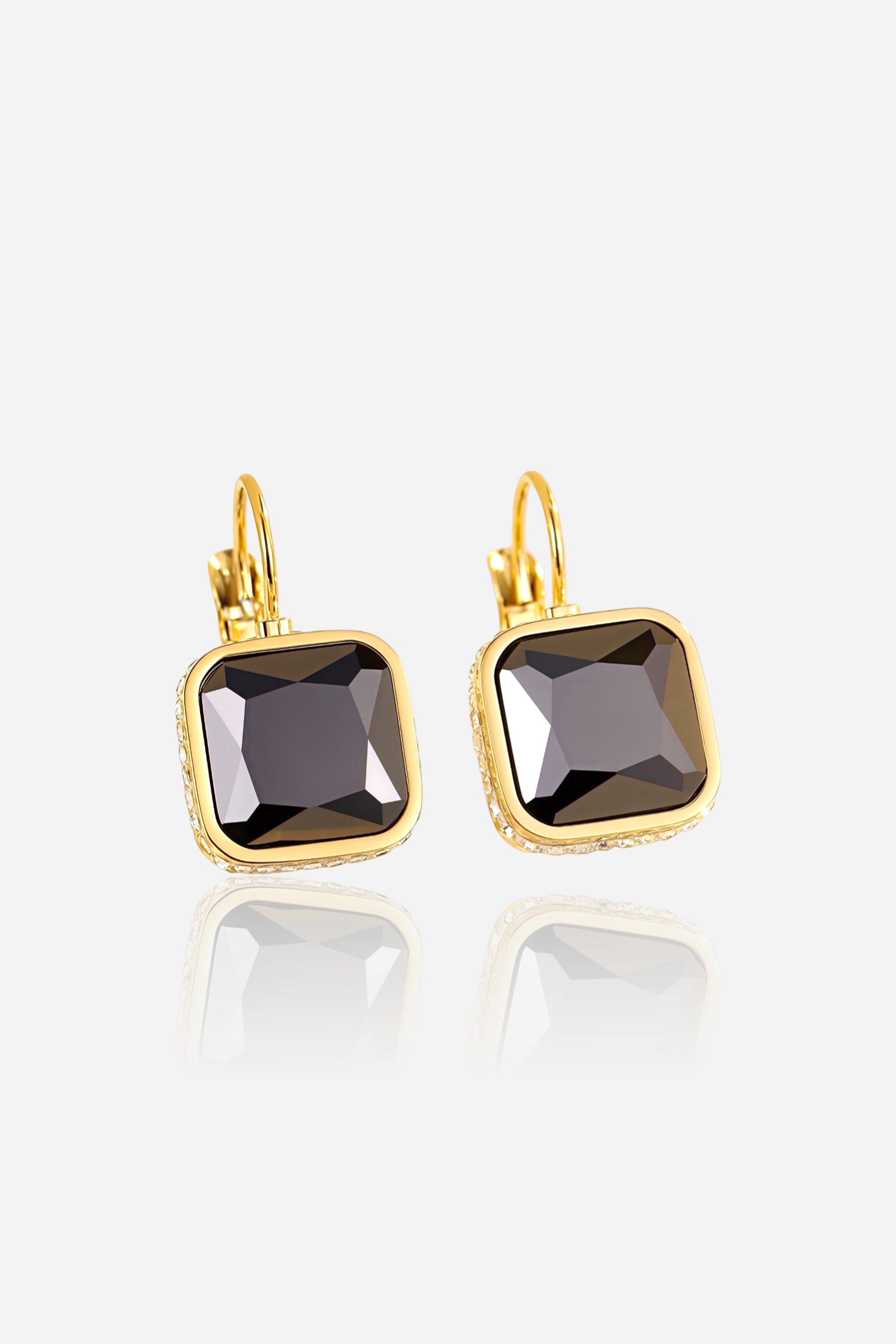 Square black crystal drop earrings crafted from stainless steel with a polished PVD 18K gold plated finish, featuring faceted dark crystals and secure lever-back design - GLISTIA.
