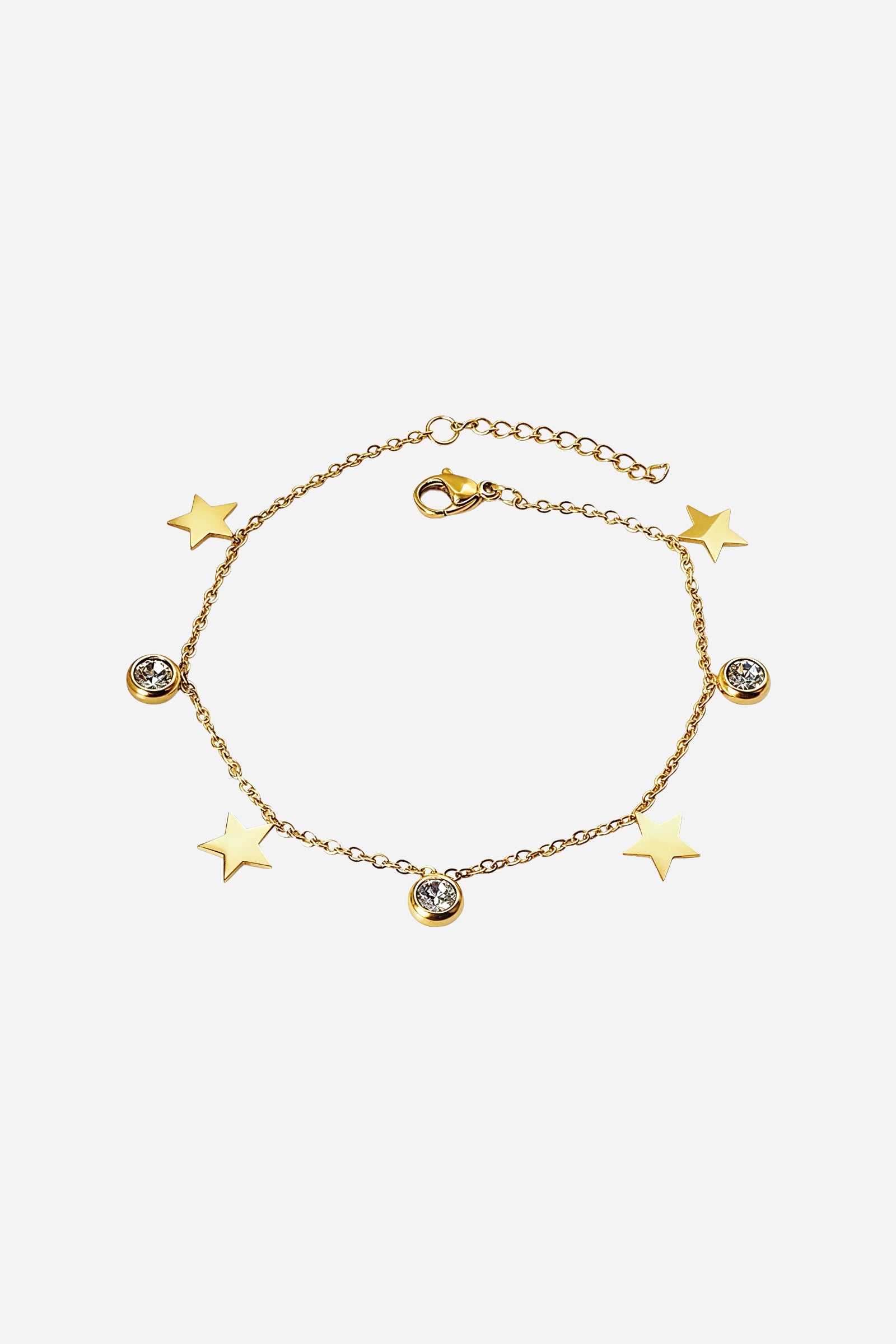 Front view of the Star Charm Anklet made from stainless steel with PVD 18K gold plating, featuring star and crystal charms – GLISTIA.