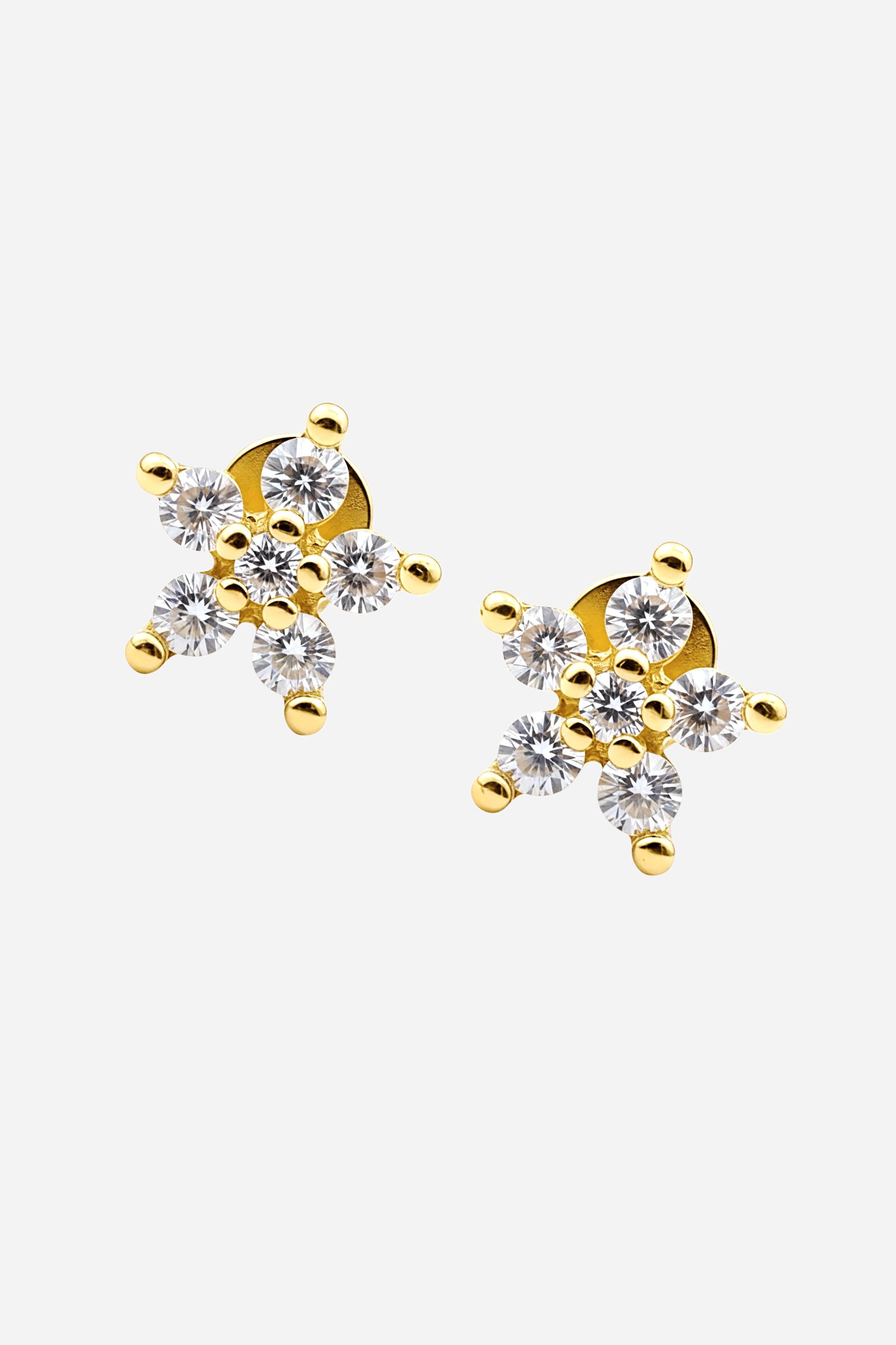 Gold star cubic zirconia piercing earring with flat-back screw side view pair stud - GLISTIA