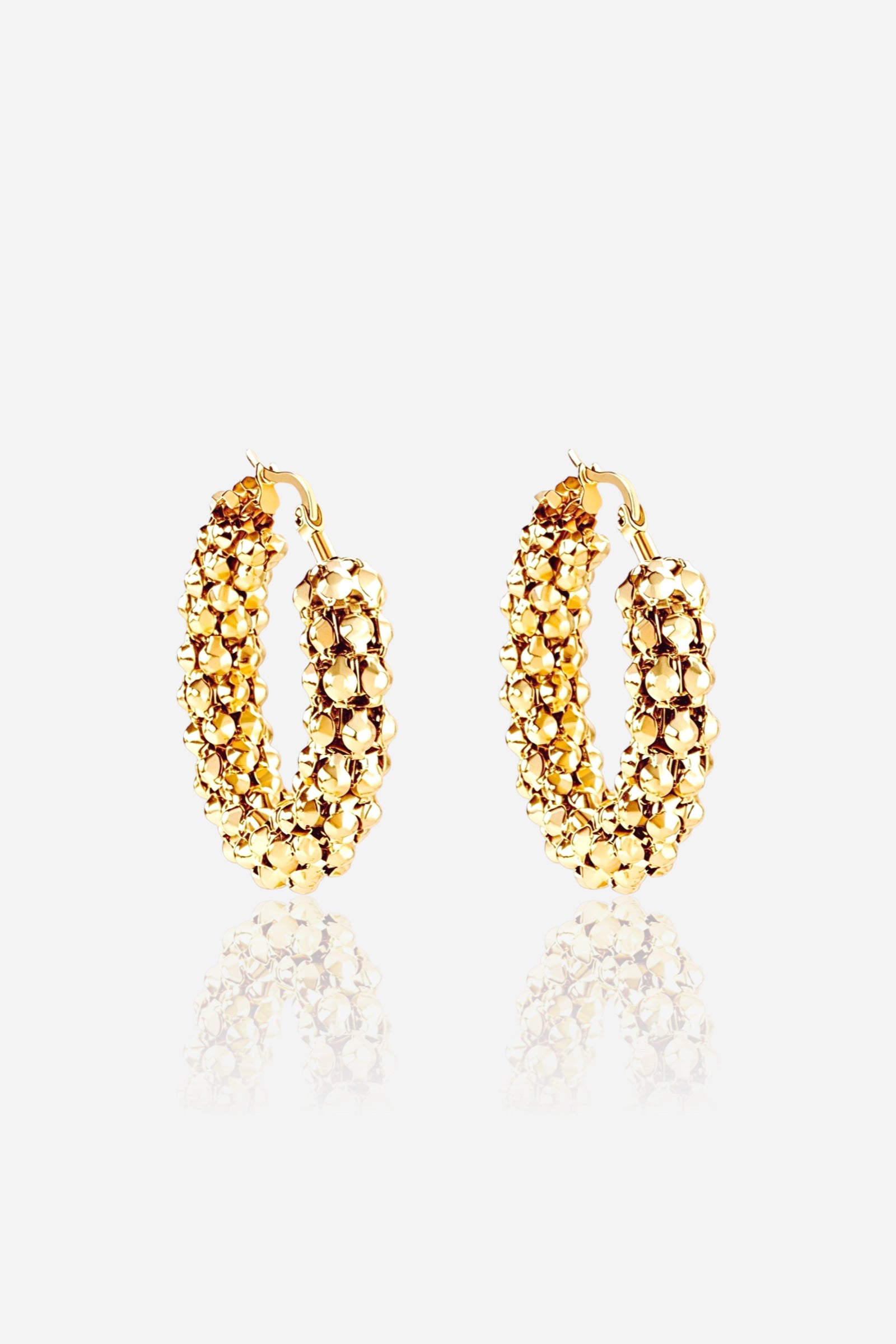 Textured bubble hoop earrings crafted from stainless steel with a lustrous PVD 18K gold plated finish, featuring rounded clustered detailing and a reflective high-shine surface — GLISTIA.