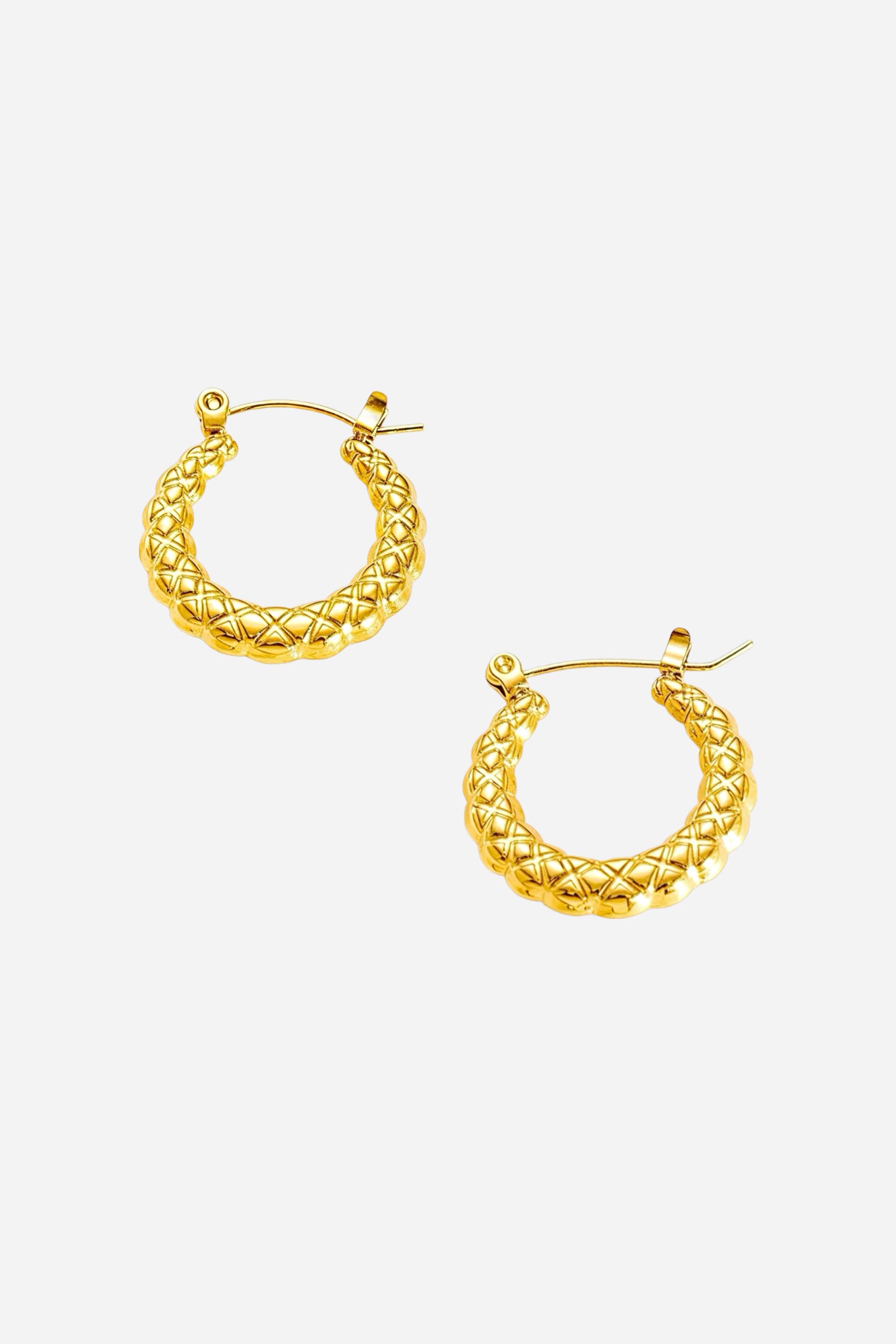 Top view of textured dome hoop earrings in PVD 18K gold plated stainless steel, featuring quilted dome texture and smooth reflective finish -GLISTIA