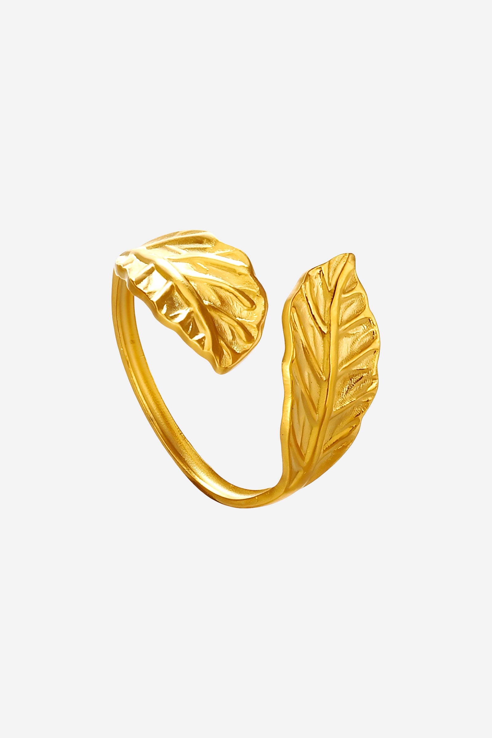 Side-angle image of GLISTIA Textured Leaf Adjustable Ring showcasing the open-back adjustable band and raised leaf texture.