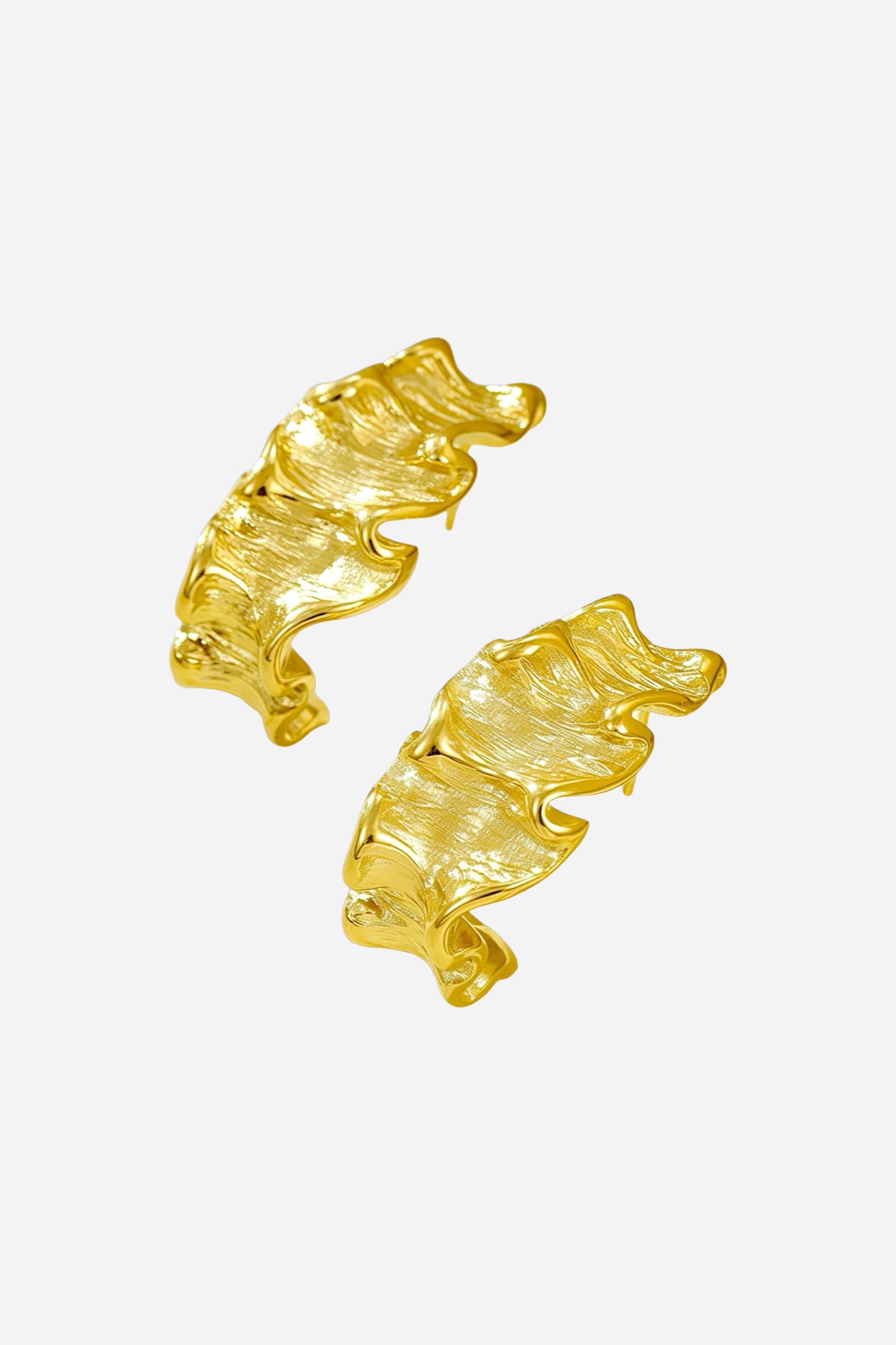 Textured wave design C-hoop earrings crafted from stainless steel with a luxurious PVD 18K gold plated finish, featuring organic sculpted curves and brushed texture – GLISTIA.