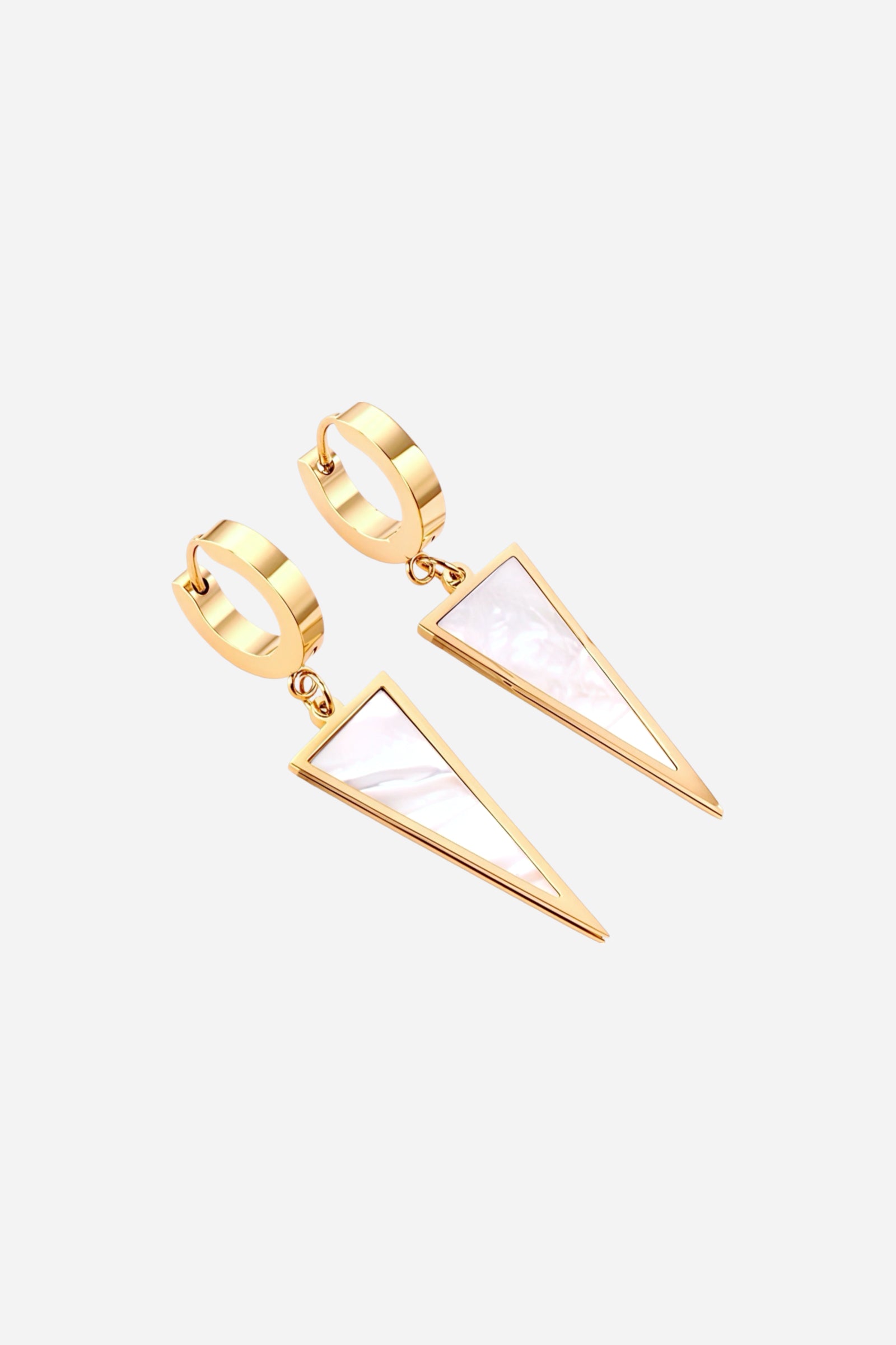 Top view of triangle drop huggie earrings showcasing sleek geometric drops with a pearlescent inlay, crafted from stainless steel and finished in polished PVD 18K gold plating – GLISTIA