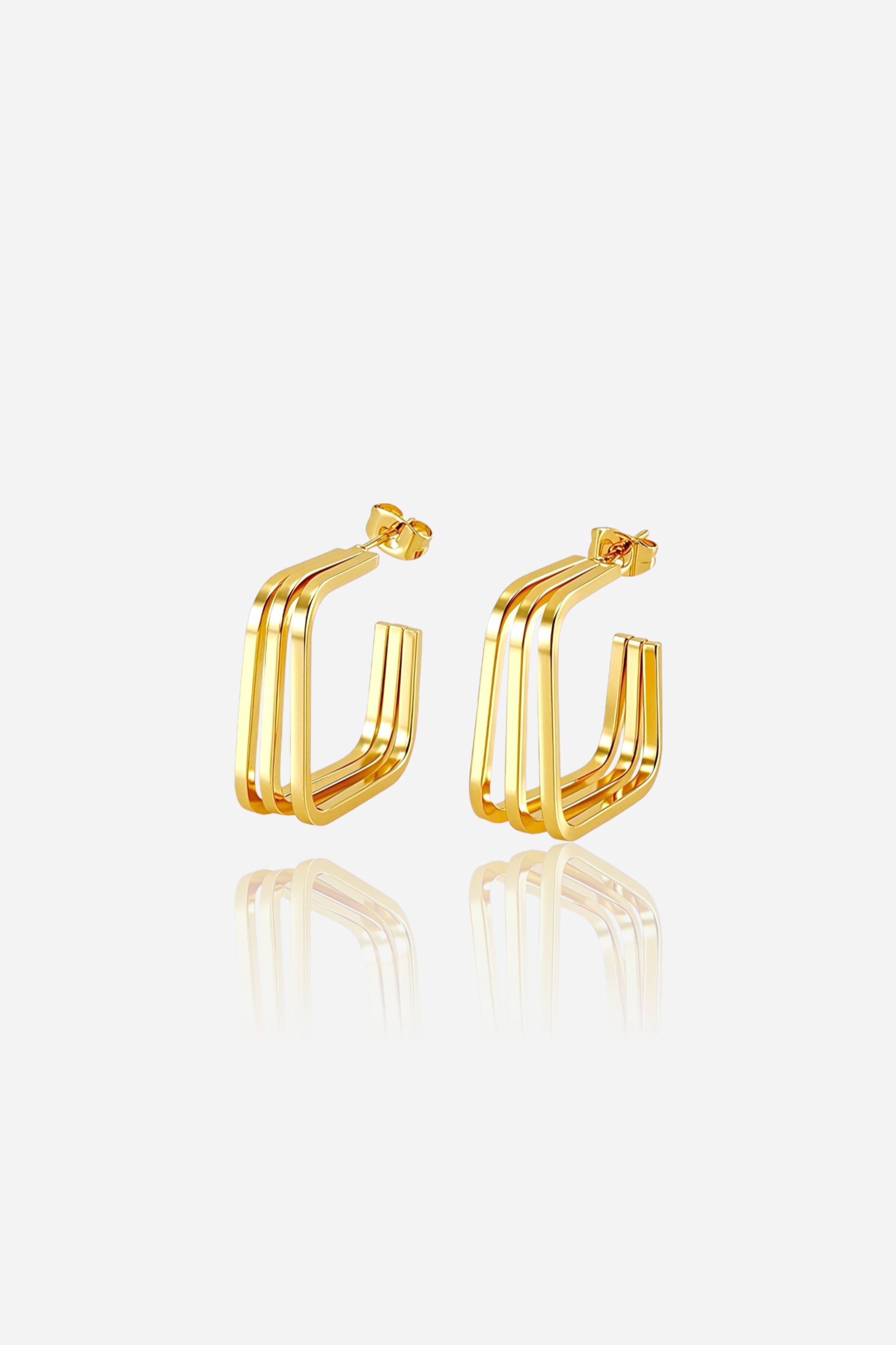 Front view triple-layer square hoop earrings crafted in stainless steel with a polished 18K gold plated finish, featuring modern geometric triple-band design – GLISTIA