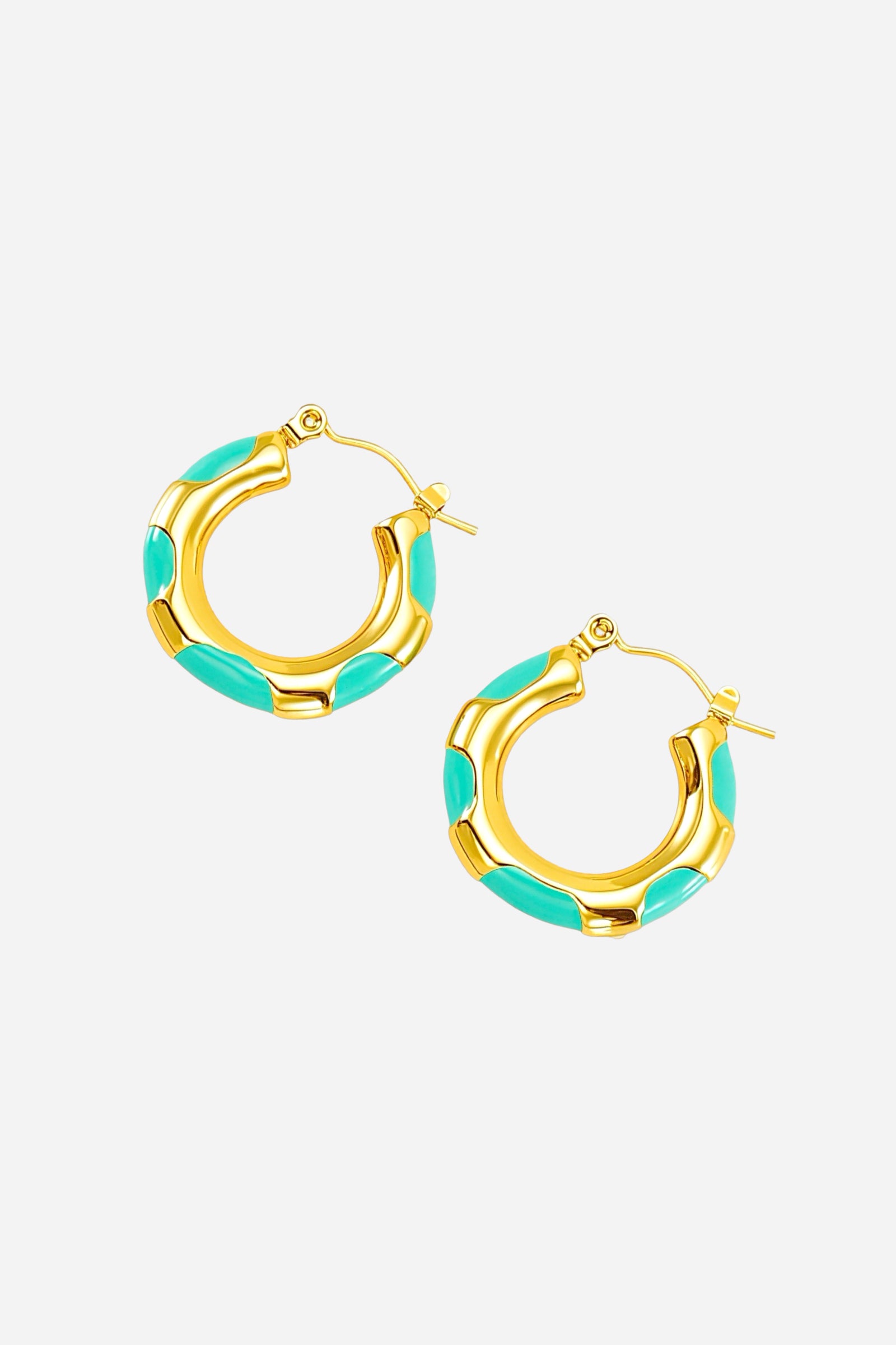 Angled view turquoise bamboo hoop earrings in polished 18K PVD gold plated stainless steel with enamel turquoise detailing, highlighting the curved bamboo texture – GLISTIA.
