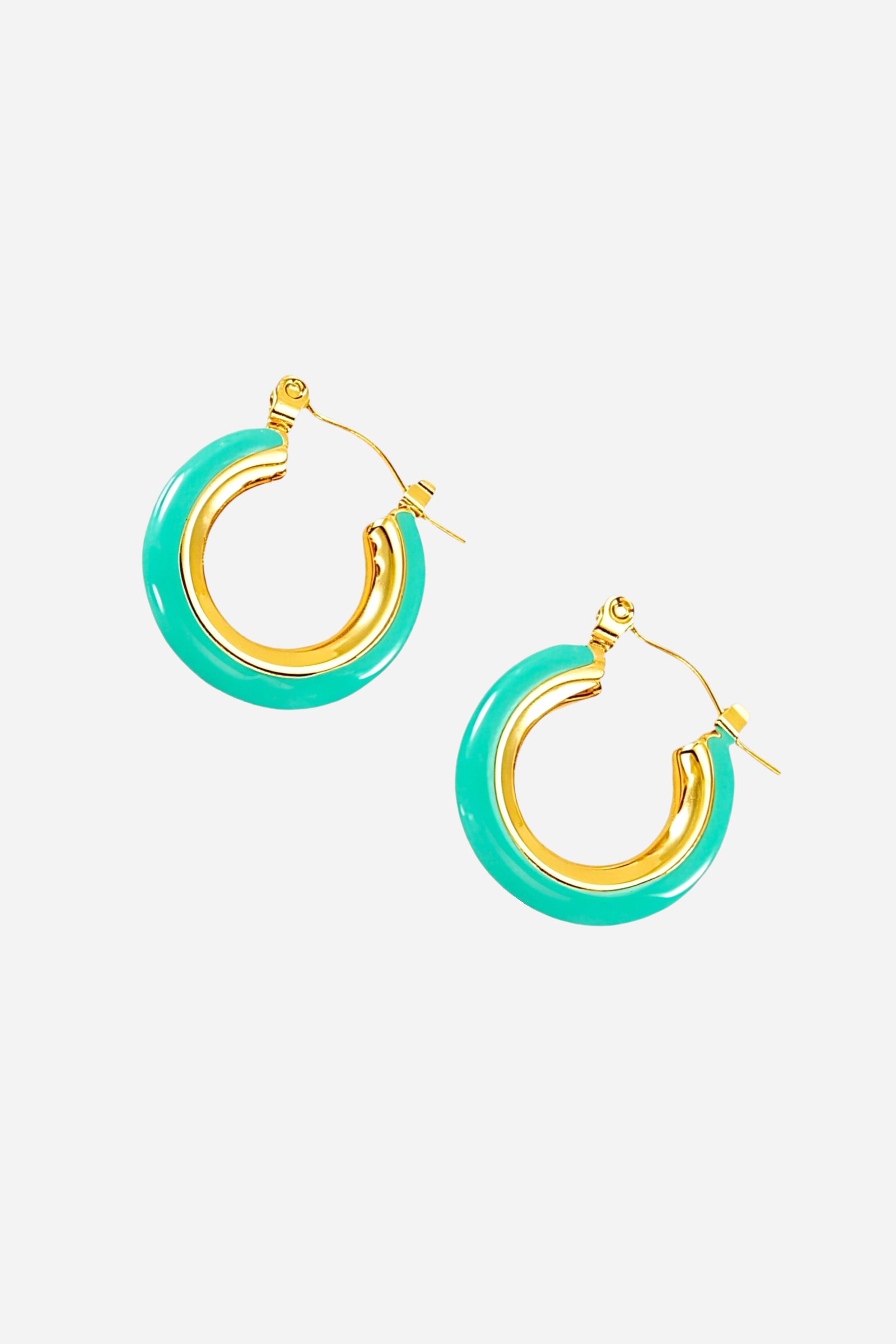 Angled view turquoise enamel hoop earrings made from stainless steel with a PVD 18K gold plated finish, showcasing smooth enamel coating and curved silhouette – GLISTIA.