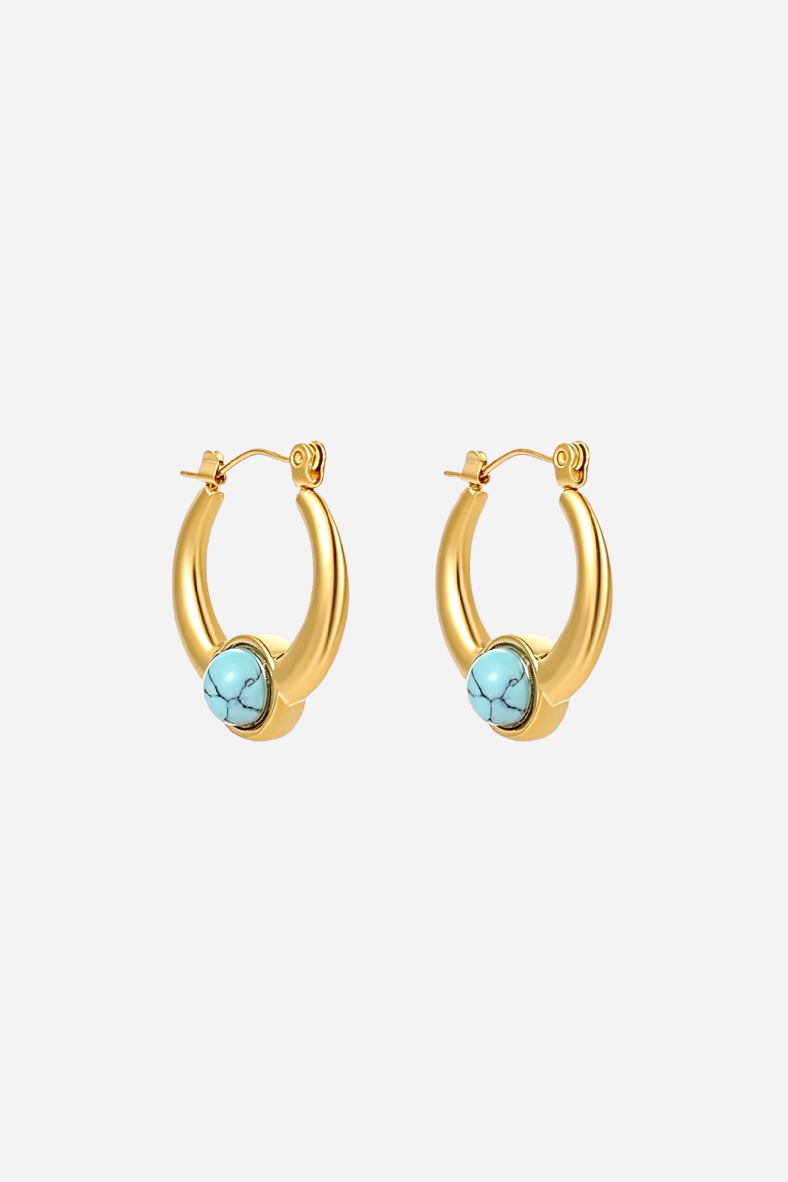 Front view of gold hoop earrings adorned with turquoise stone accents, crafted from stainless steel and finished in a radiant PVD 18K gold plating – GLISTIA.