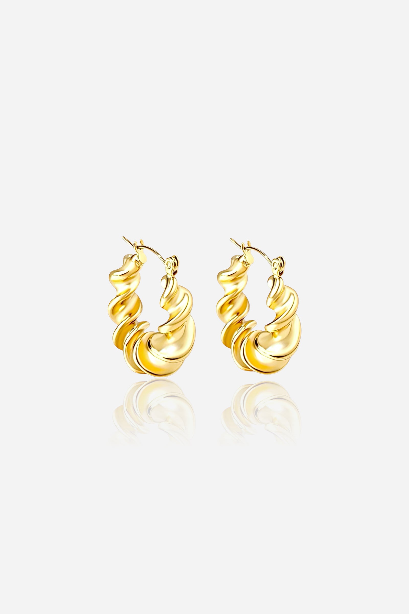 Front view of twist design hoop earrings in 18K gold plated stainless steel with bold sculpted curves and polished finish – GLISTIA jewellery