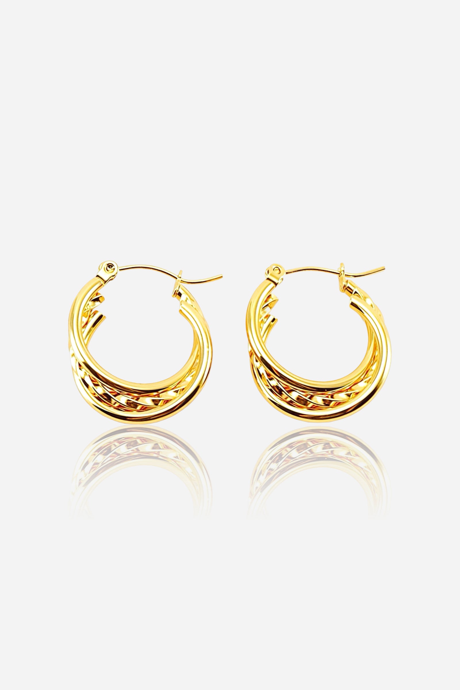 Twist detail double-hoop earrings crafted in stainless steel with a polished 18K gold plated finish, featuring intertwined curved design for an elegant statement look – GLISTIA