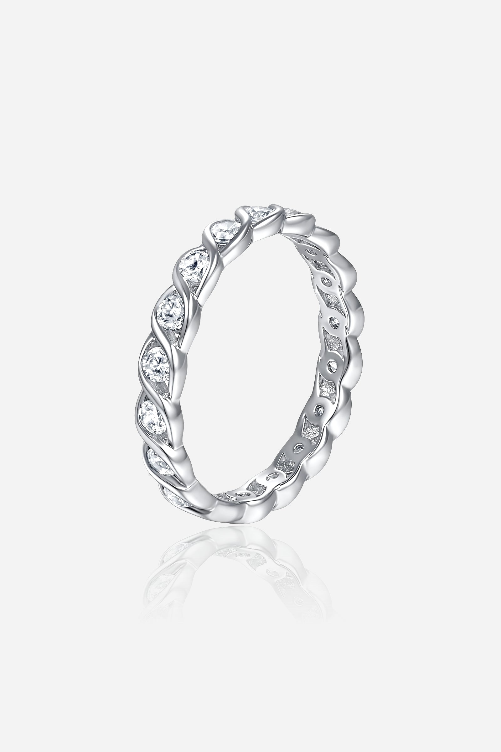 GLISTIA Twist Eternity Band Ring front view in 925 sterling silver with rhodium coating and continuous zircon setting.