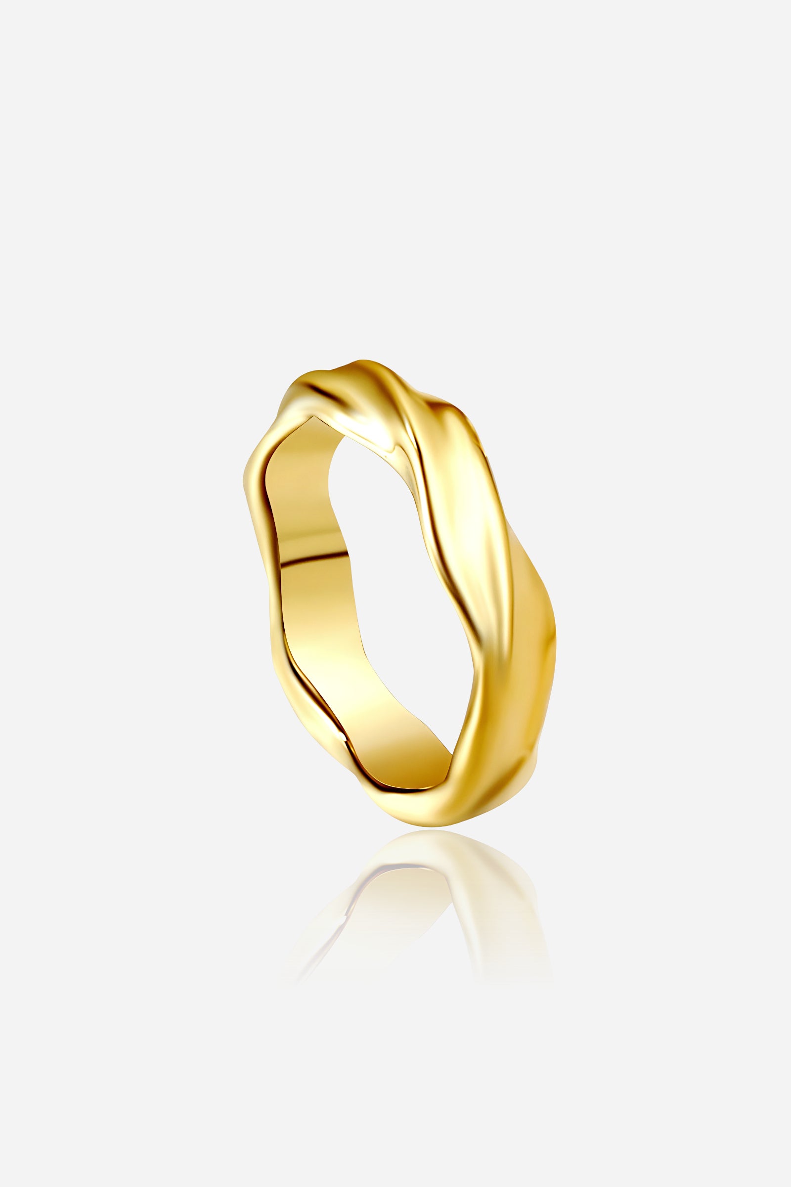 GLISTIA Twist Wave Band Ring front view in PVD 18K gold plated stainless steel with soft wave texture.