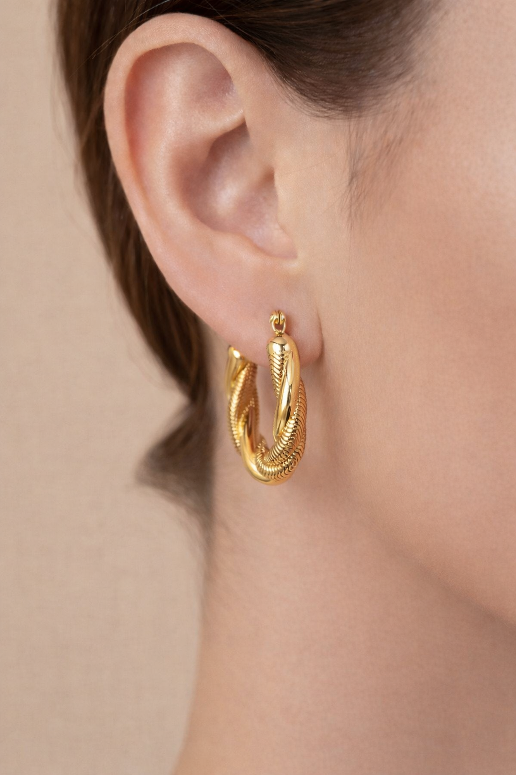 18K PVD gold plated twisted rope hoop earrings with polished and textured detailing, stainless steel, worn on ear