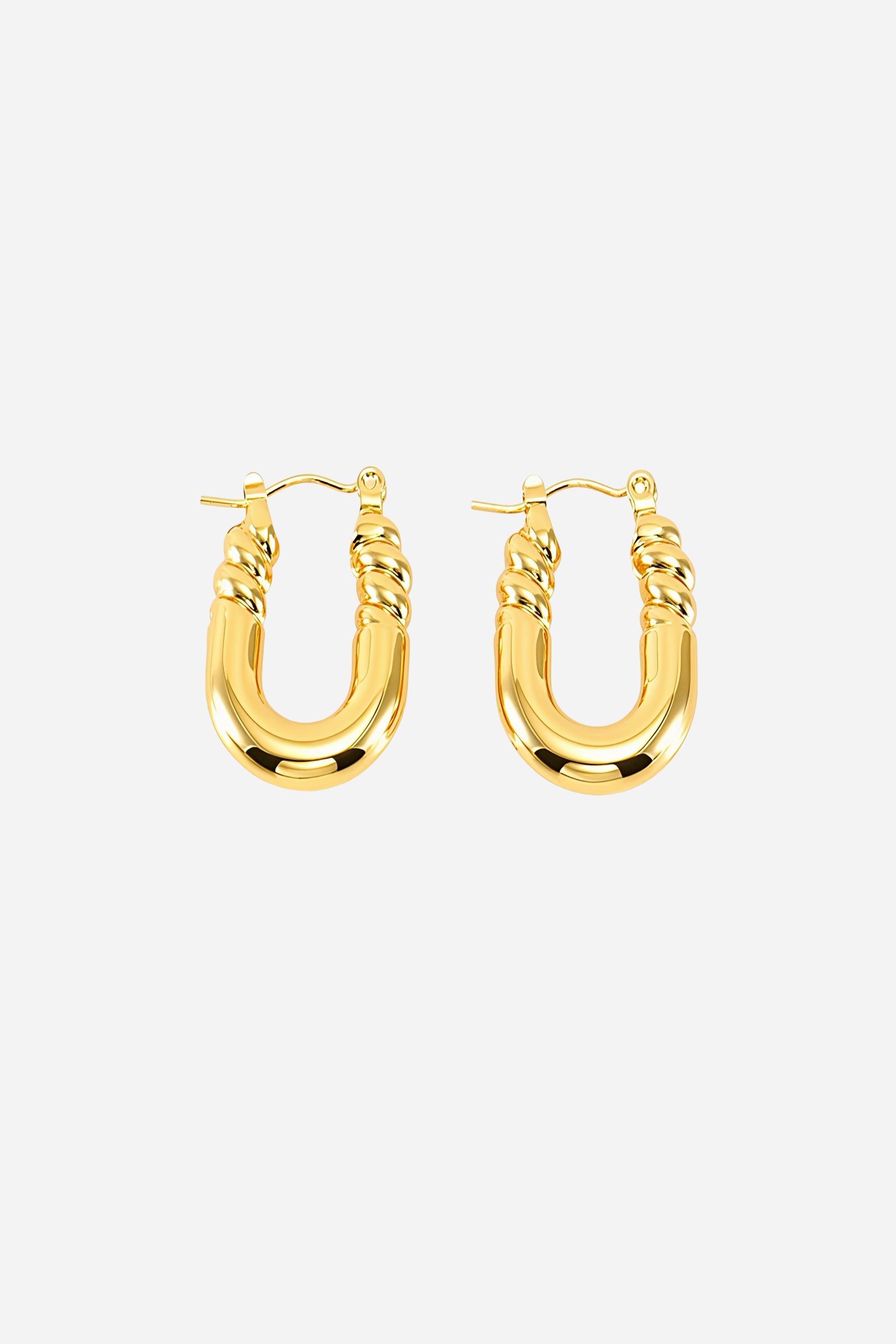 U-shaped twisted hoop earrings crafted from stainless steel with a PVD 18K gold plated finish, featuring smooth curves and elegant twisted detailing at the top – GLISTIA.
