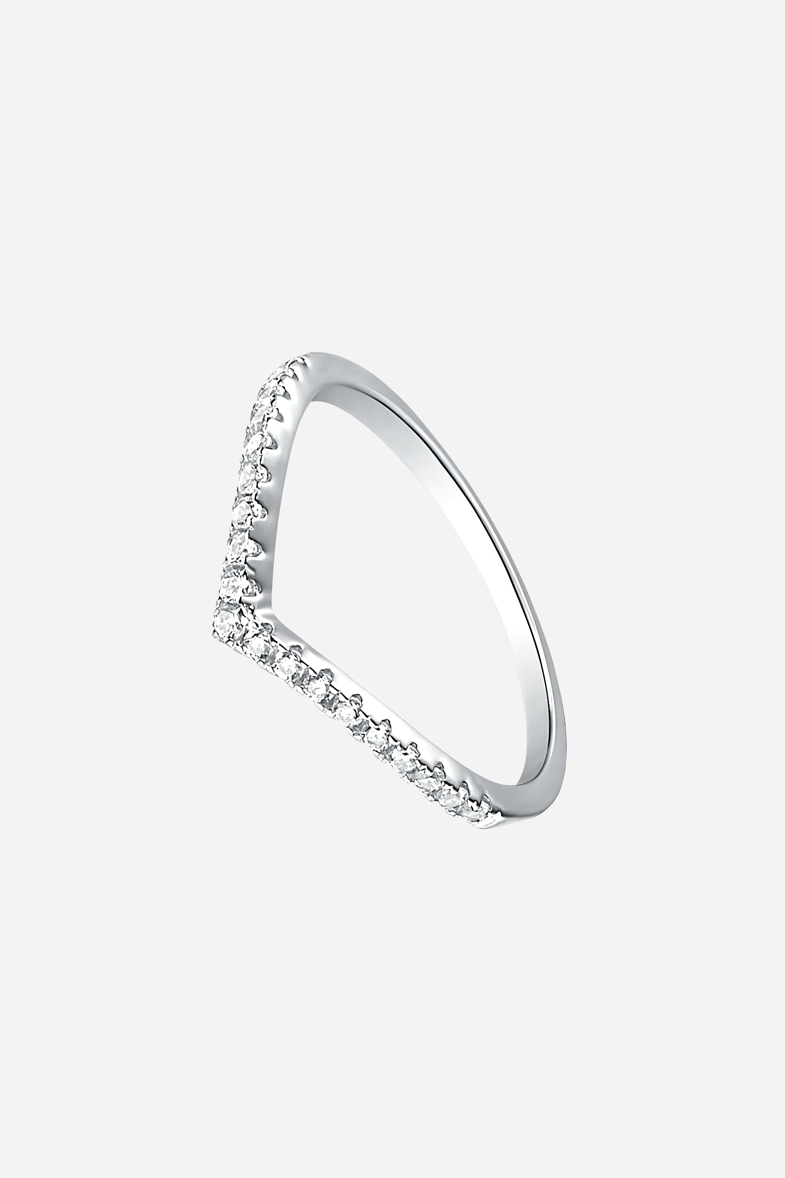 Side-angle image of GLISTIA V-Shape Pavé Band Ring showcasing the sleek curved design and polished rhodium plating.