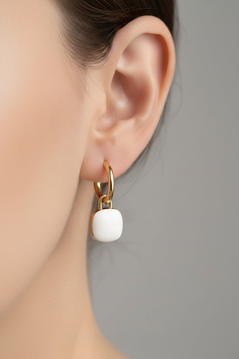 18K PVD gold plated hoop earrings with glossy white charm, lightweight water safe jewellery for everyday wear