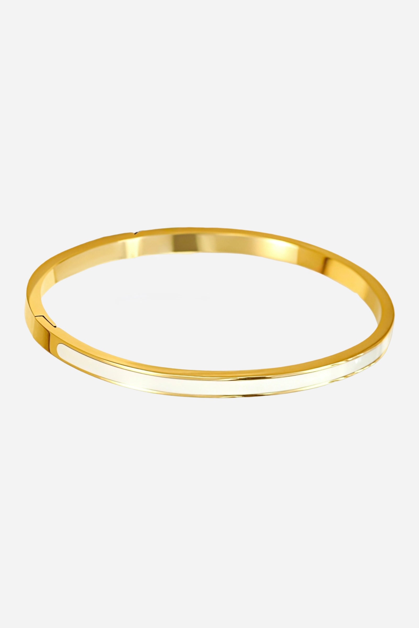 Front angled view of white enamel slim bangle crafted from stainless steel with 18K PVD gold plating and glossy enamel inlay – GLISTIA.