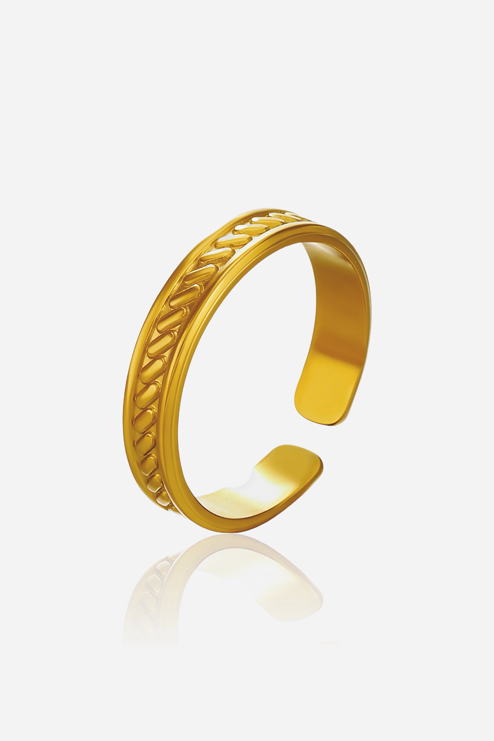 GLISTIA Woven Band Adjustable Ring front view in PVD 18K gold plated stainless steel with intricate woven pattern.