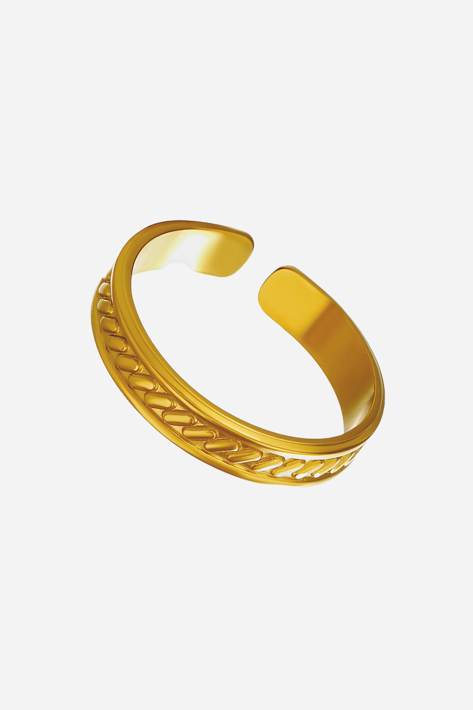 Side-angle image of GLISTIA Woven Band Adjustable Ring showcasing the open-back band and raised woven detailing.