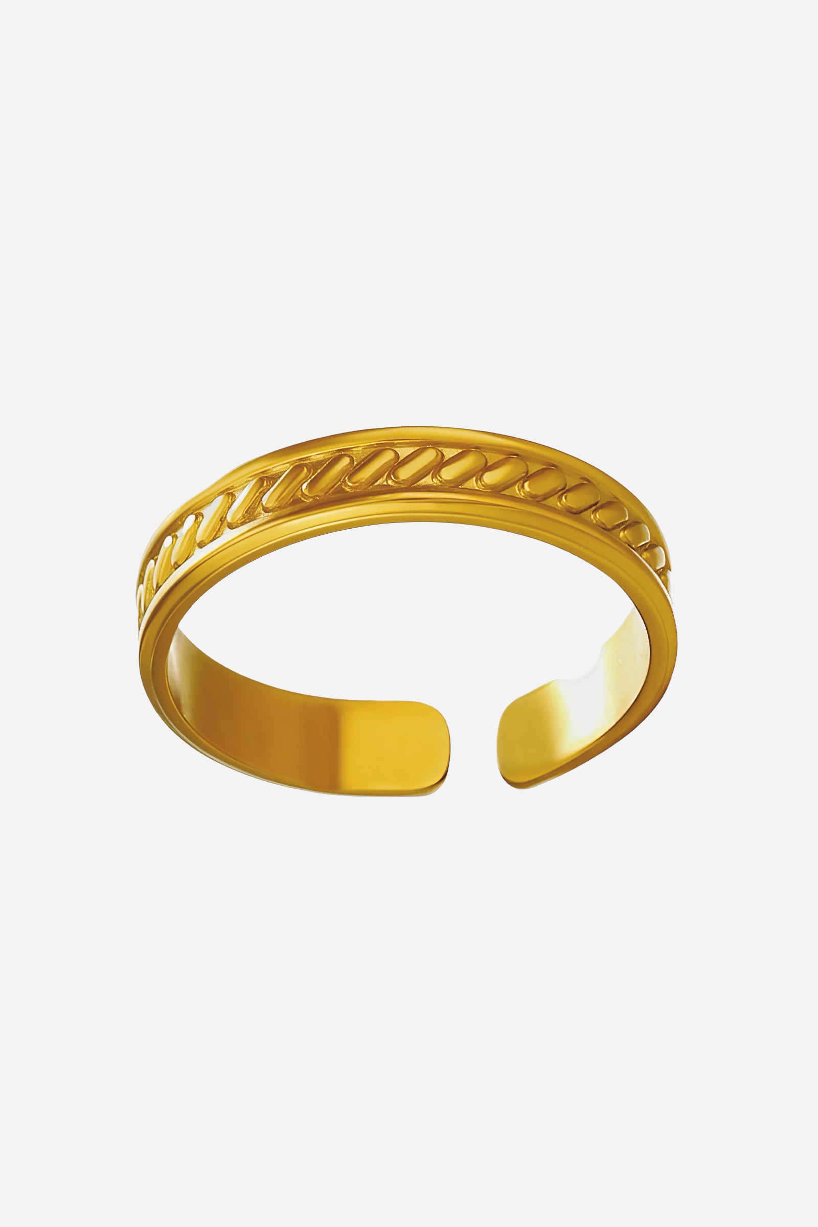 Top-view of GLISTIA gold woven adjustable ring featuring a textured chain-style design.