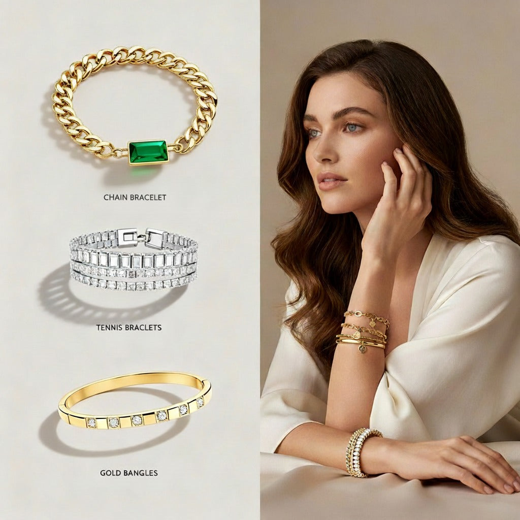GLISTIA wristwear collection featuring chain bracelets, tennis bracelets and bangles styled in a refined everyday jewellery look