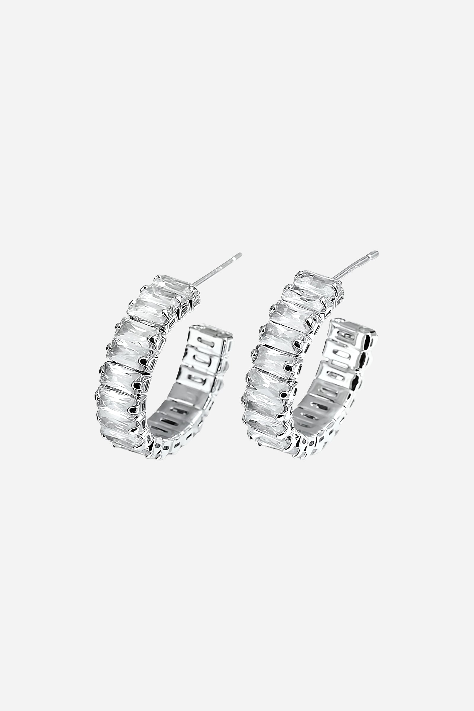 Side view of silver Zirconia C-Hoop Earrings showing curved hoop shape and precision-set zirconia stones – GLISTIA Jewellery.