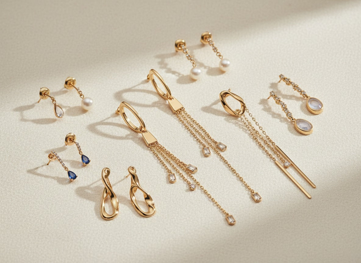 Luxury drop and dangle earrings displayed in an editorial jewellery composition