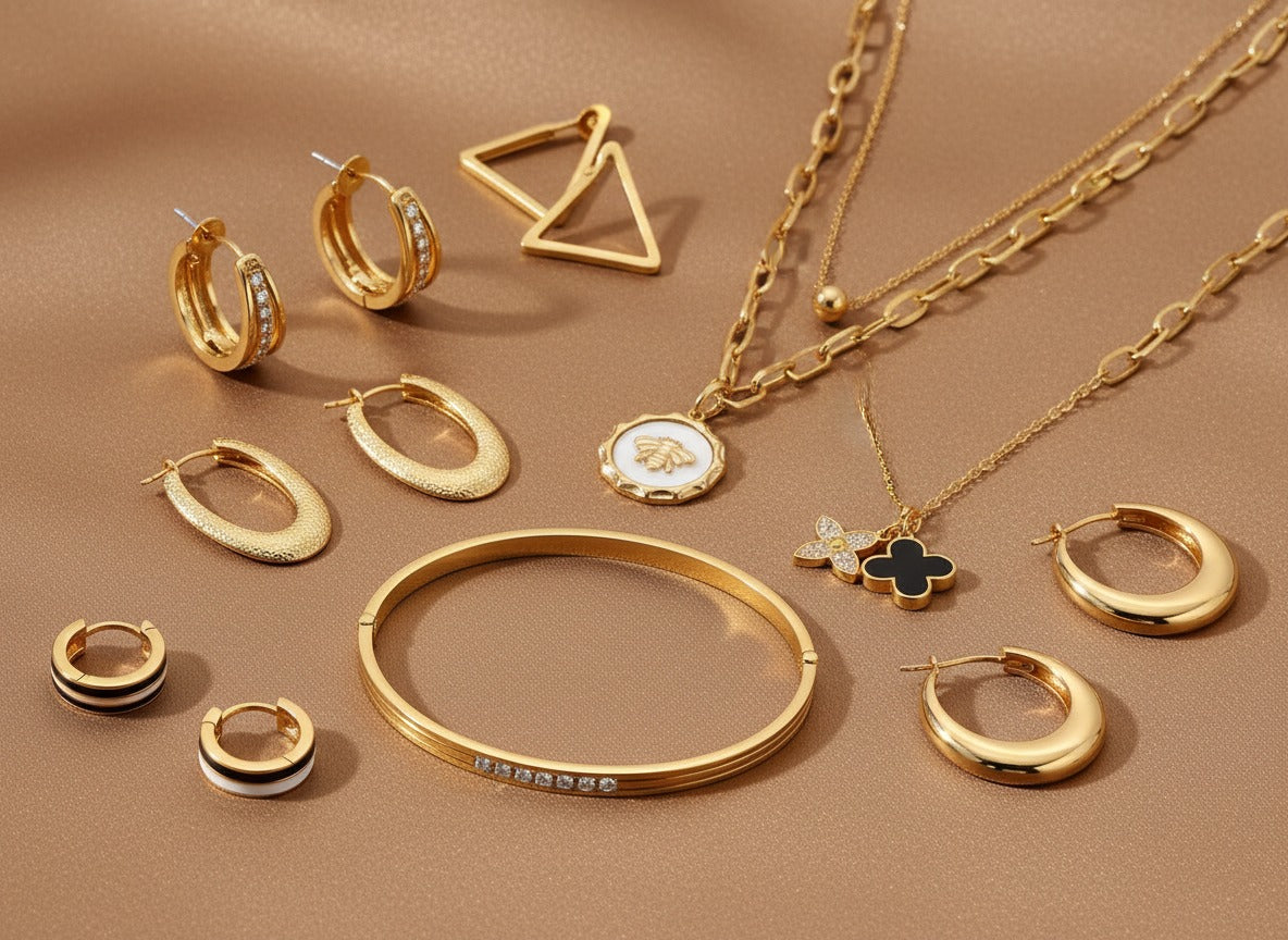 Gold plated jewellery arranged on a neutral fabric background