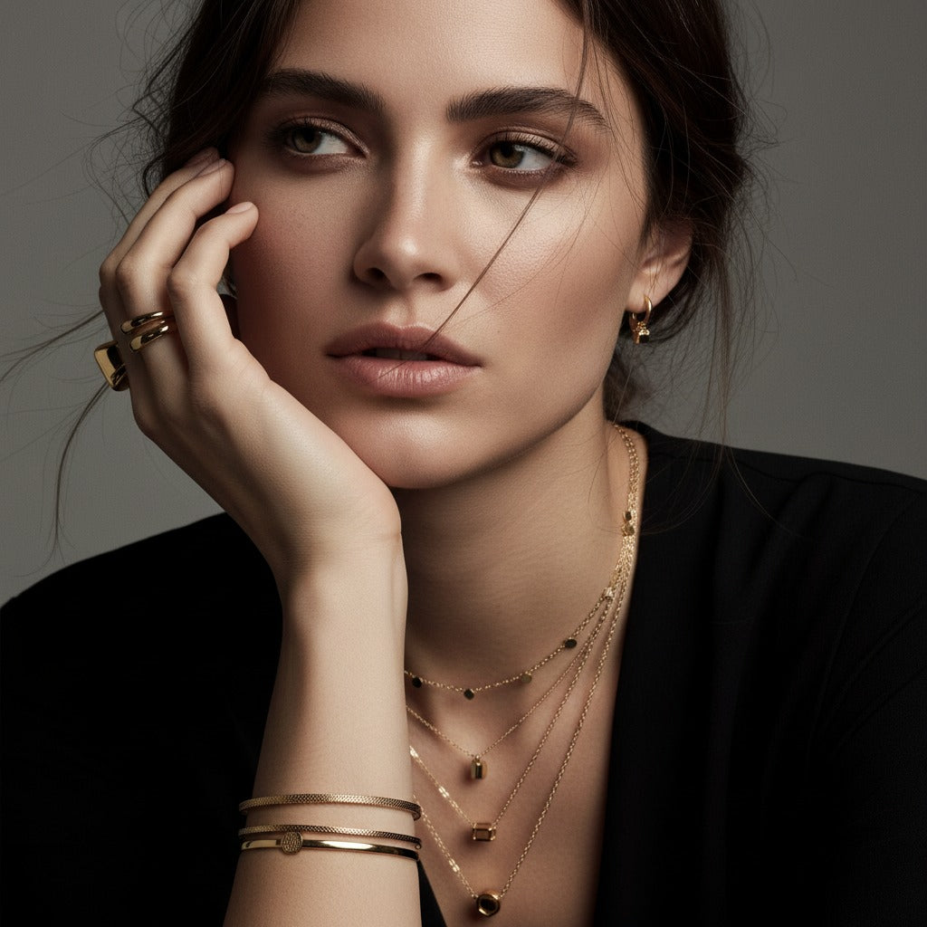 Woman wearing layered gold necklaces styled in a modern luxury jewellery look